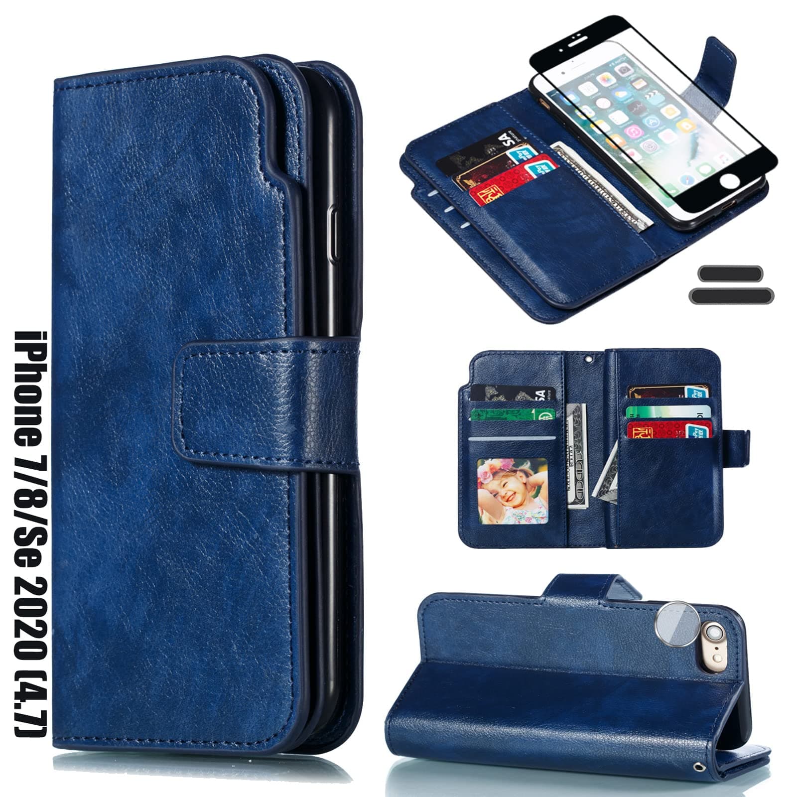 LMDAMZ for iPhone 7/8/Se 2020 4.7 Inch Wallet Case [3+ Card Slots] ID Business Card Credit Card Slot Carry Pouch with Stand Double Sided Multi-Card Slot Flip Folding PU Wallet Leather Case (Blue)