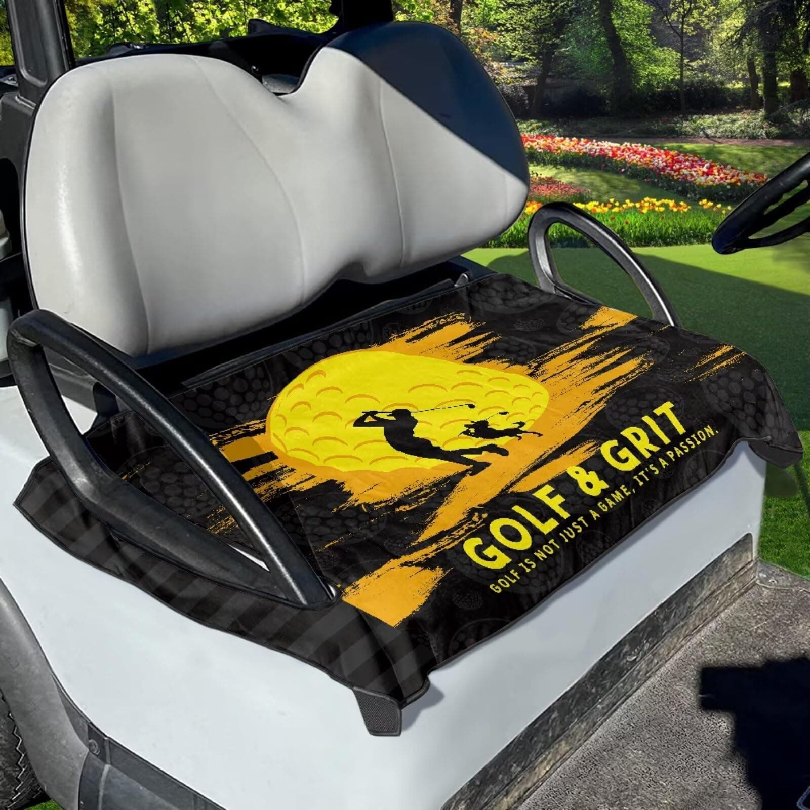 ZIATUBLES Golf Cart Seat Cover Black Yellow Golf & Grit Print Golf Accessories Soft Breathable Towel Blanket for Most 2-Person Seat Club Carts