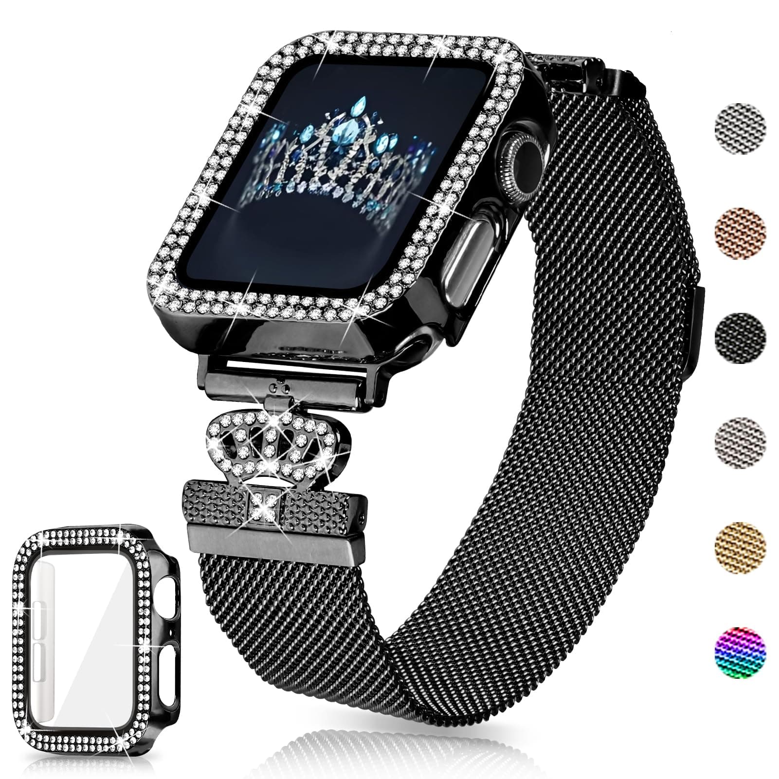 YouthRun Magnetic Band Compatible with Apple Watch 38mm 40mm 41mm 42mm 44mm 45mm 46mm Stainless Steel Metal Strap with Bling Case and Screen Protector, Dressy Milanese iWatch Bands for Women (38MM