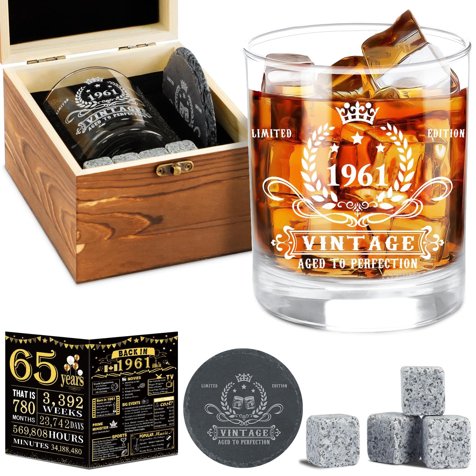 65th Birthday Gifts for Men,Vintage 1961 Whiskey Glass Set