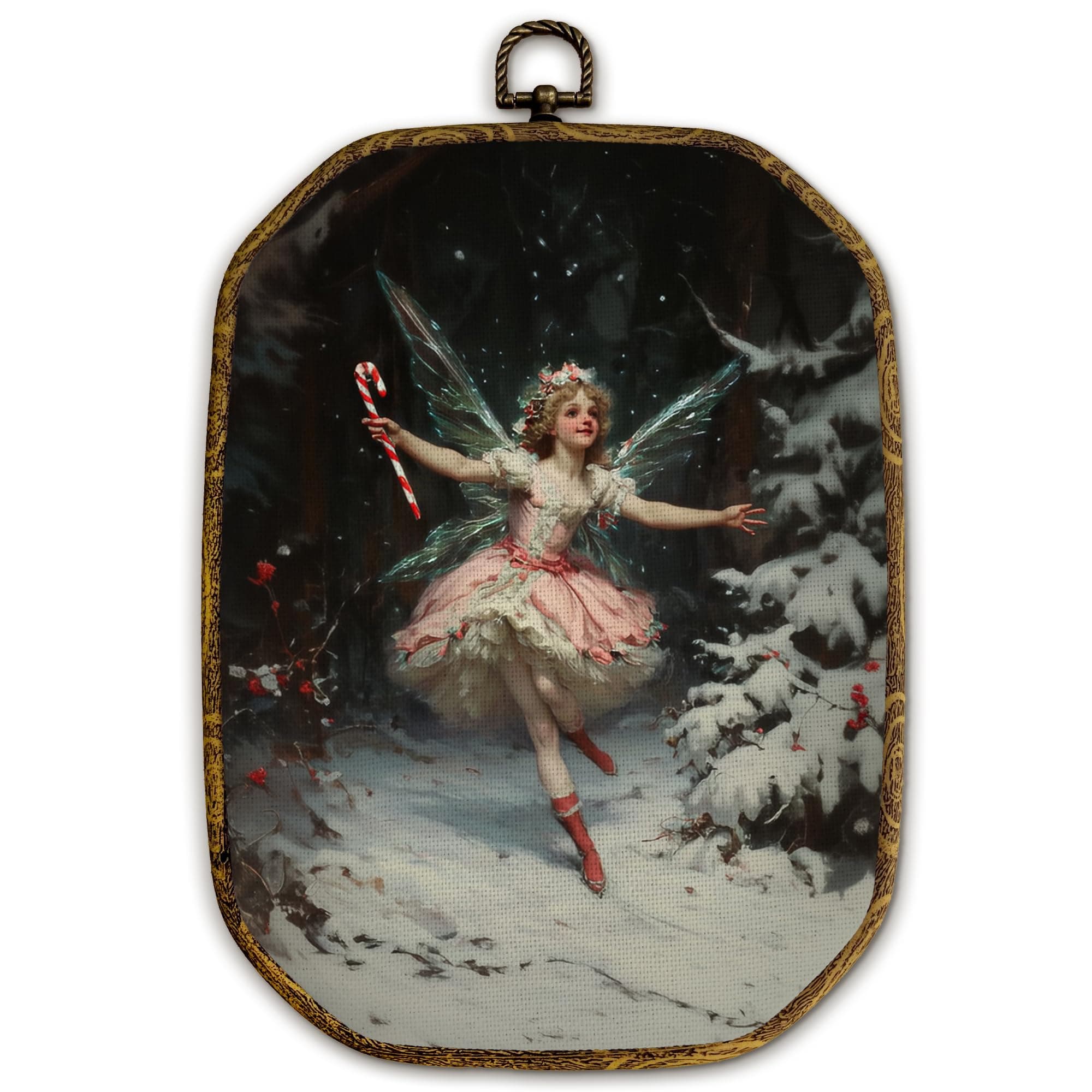 Yjeslw Vintage Christmas Fairy Octagon Wall Art Decor, Winter Scene Framed Canvas Prints, Cottagecore Forest Winter Christmas Wall Hanging Decorations for Home Living Room Bedroom Decor, 10.2x7 Inches