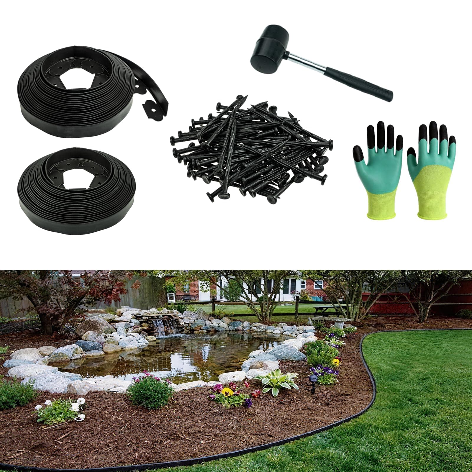 1.5in x 100ft No Dig Landscape Edging, Garden Edging Border with 150 Spikes, Hammer & Gloves, Tool-Free HDPE Lawn Edging Kit for Garden Yard Flower Beds Pathway Landscaping Project