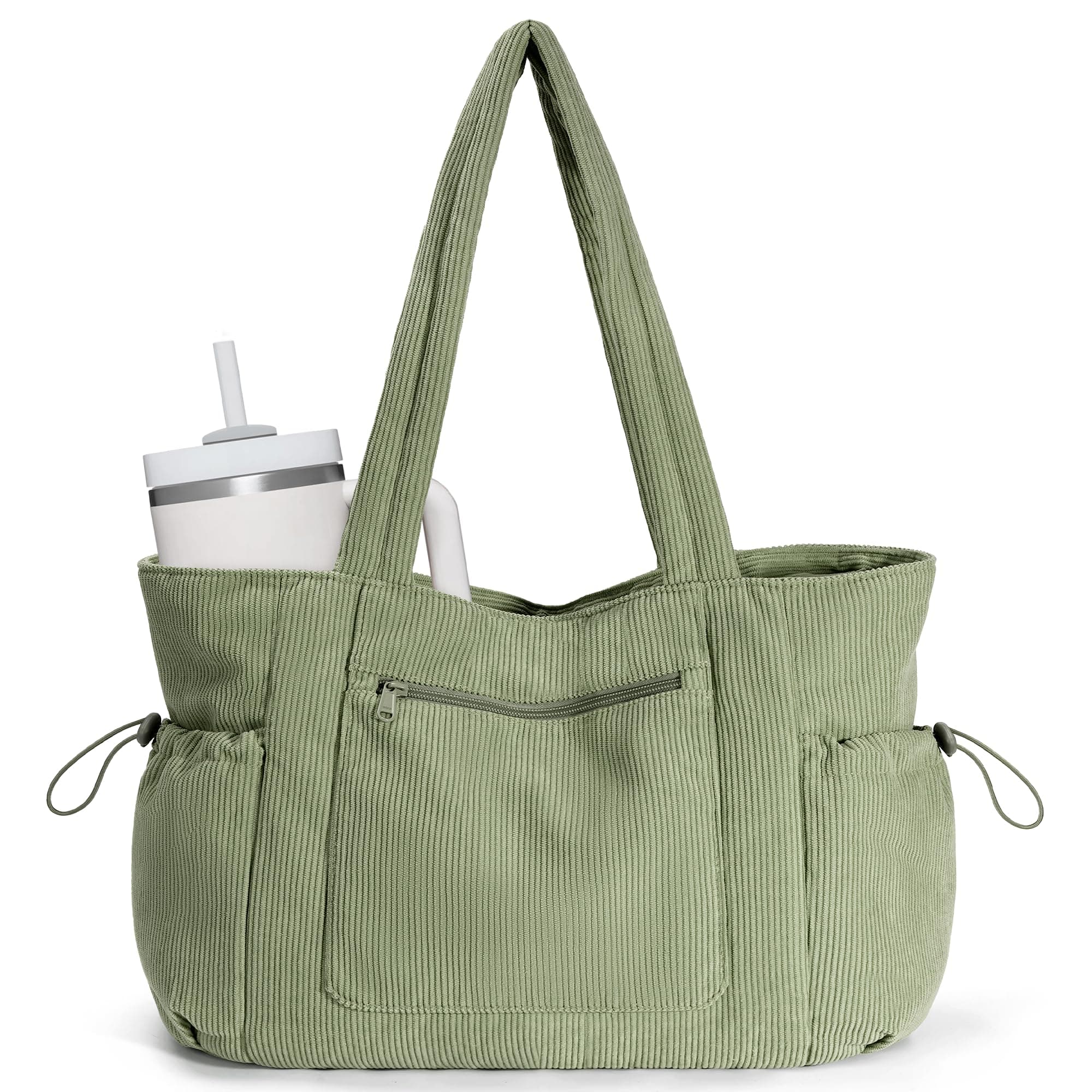 ECOHUB Tote Bag for Women, Work Tote Bags with Laptop Compartment, Large Corduroy Tote Bag with Stanley Cup Holder, Shoulder Bag Handbag for Travel Weekend Gym Green