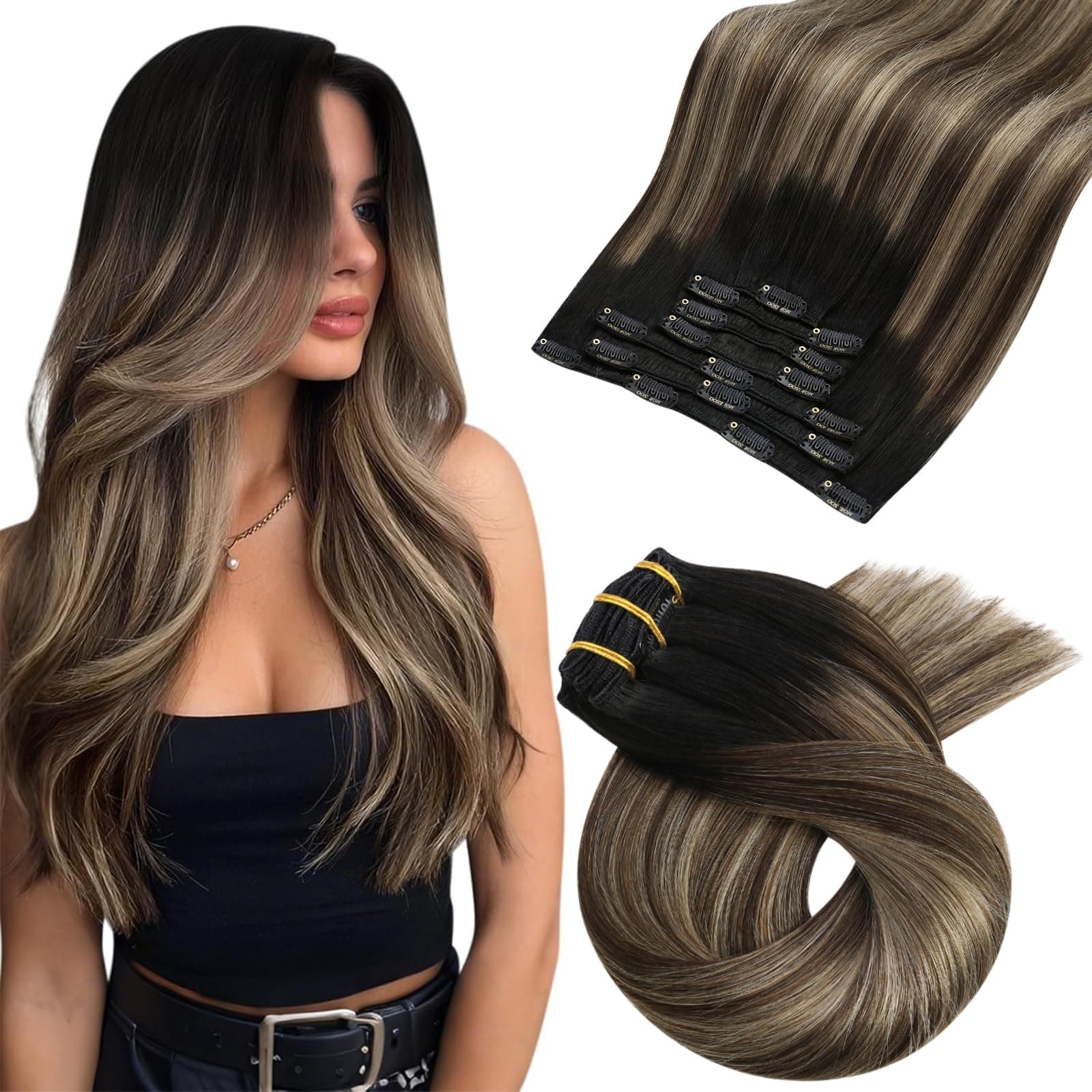 Moresoo Clip in Hair Extensions Black Ombre Dark Brown with Dark Blonde Balayage Human Hair Clip in Extensions 20 Inch Remy Extension a Clip Cheveux Humain Full Head 7 Pieces 120G