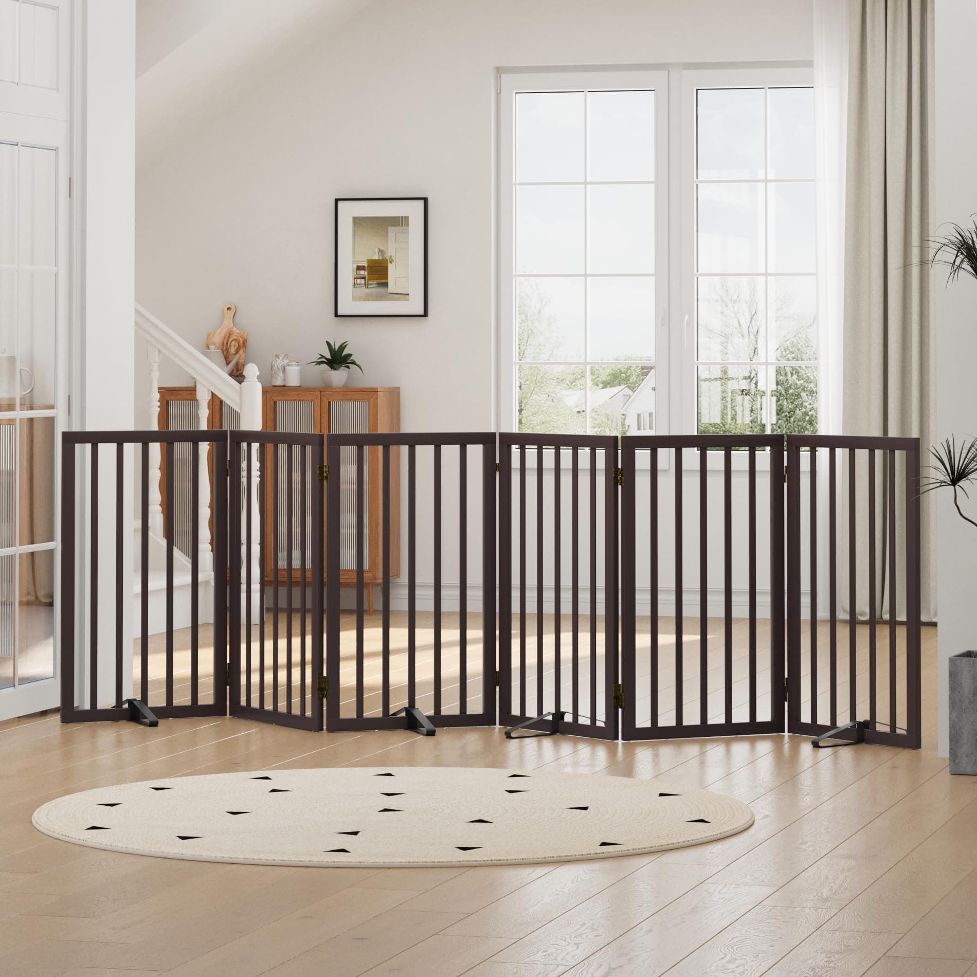 Dog Gate, Freestanding Tall Dog Gates for Doorways, Foldable Dog Gate Indoor, Pet Gates for Doorways Bedroom, Puppy Gate with Metal Support Feet, Room Divider 6 Panels (Brown)