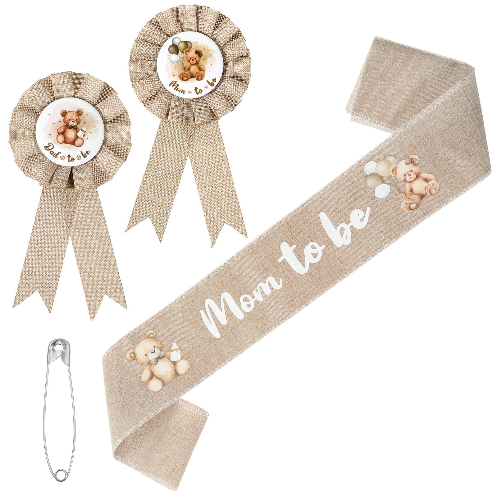 Neutral Sage Green Mom to Be Sash Baby Shower Decorations Dad to Be Pin, Rustic Boho Mommy to Be Sash Baby Shower Corsage Pin Set for Pregnant Mommy Gift Props Keepsake Gifts Party Decorations (Bear)