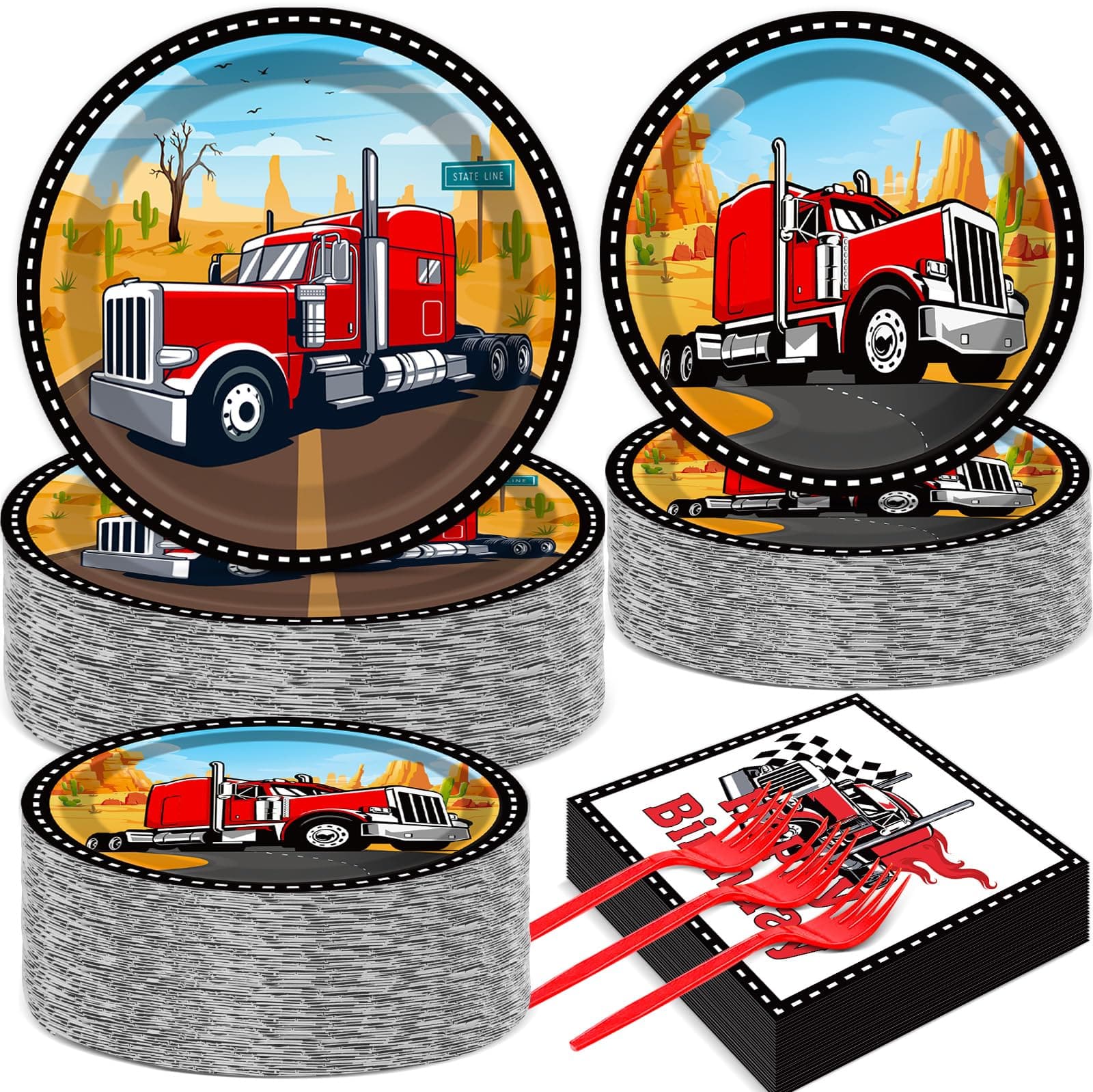 gisgfim 50 Guests Semi Truck Party Decorations Semi Truck Plates and Napkins Party Decoration For Birthday Party Plates Tableware Set Tractor Trailer Theme Party Paper Plates Napkins Forks 200 PCS