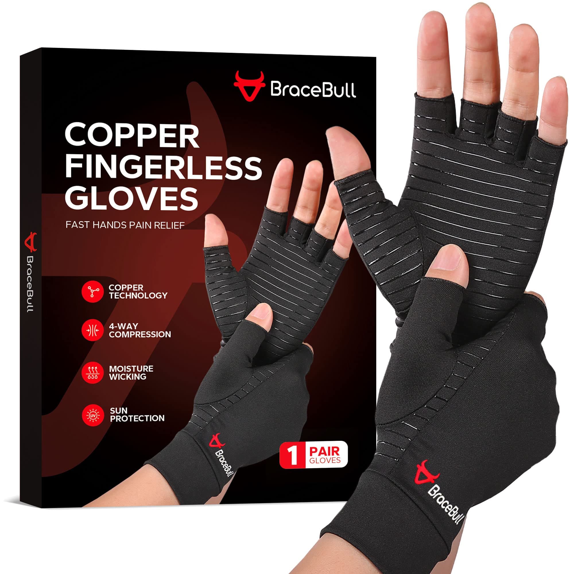 BraceBull Arthritis Gloves (1 Pair), Copper Infused Fingerless Compression Gloves for Women for Pain, Carpal Tunnel, RSI, Rheumatoid, Tendonitis, and Relieve Hand Pain for Women & Men (XL, Black)