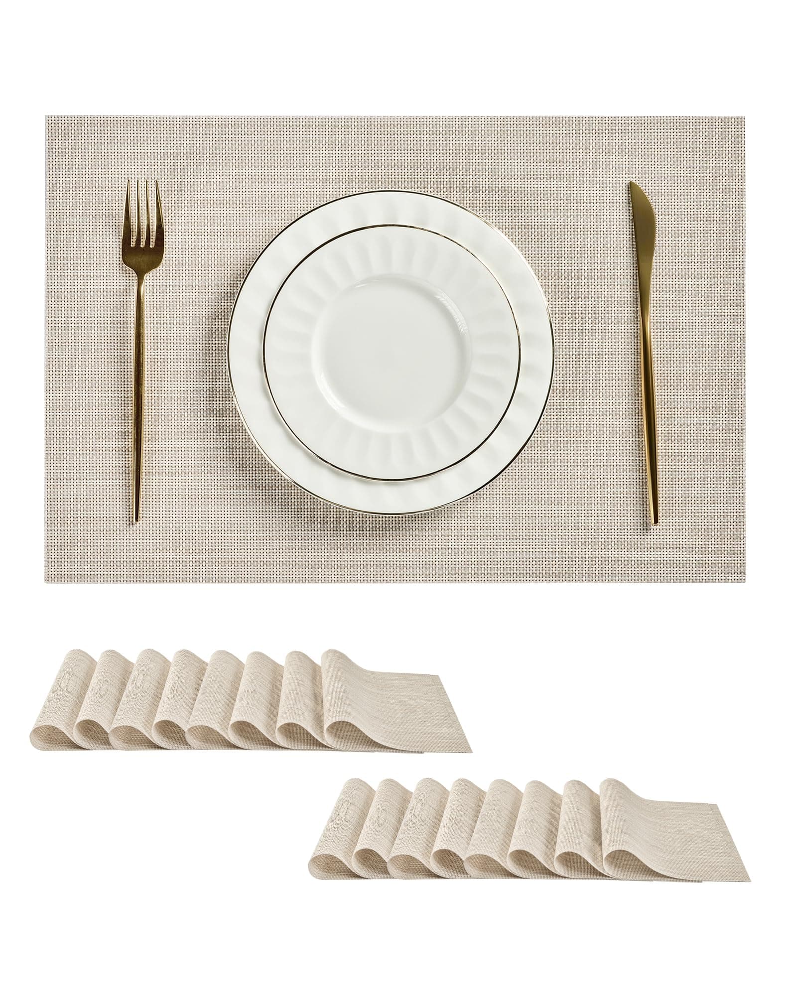 Leetaltree Beige White Placemats Set of 16 - Heat Resistant Non-Slip Place mats for Dining Table, Washable Durable PVC Vinyl Woven Table Mats(Beige White, 16)