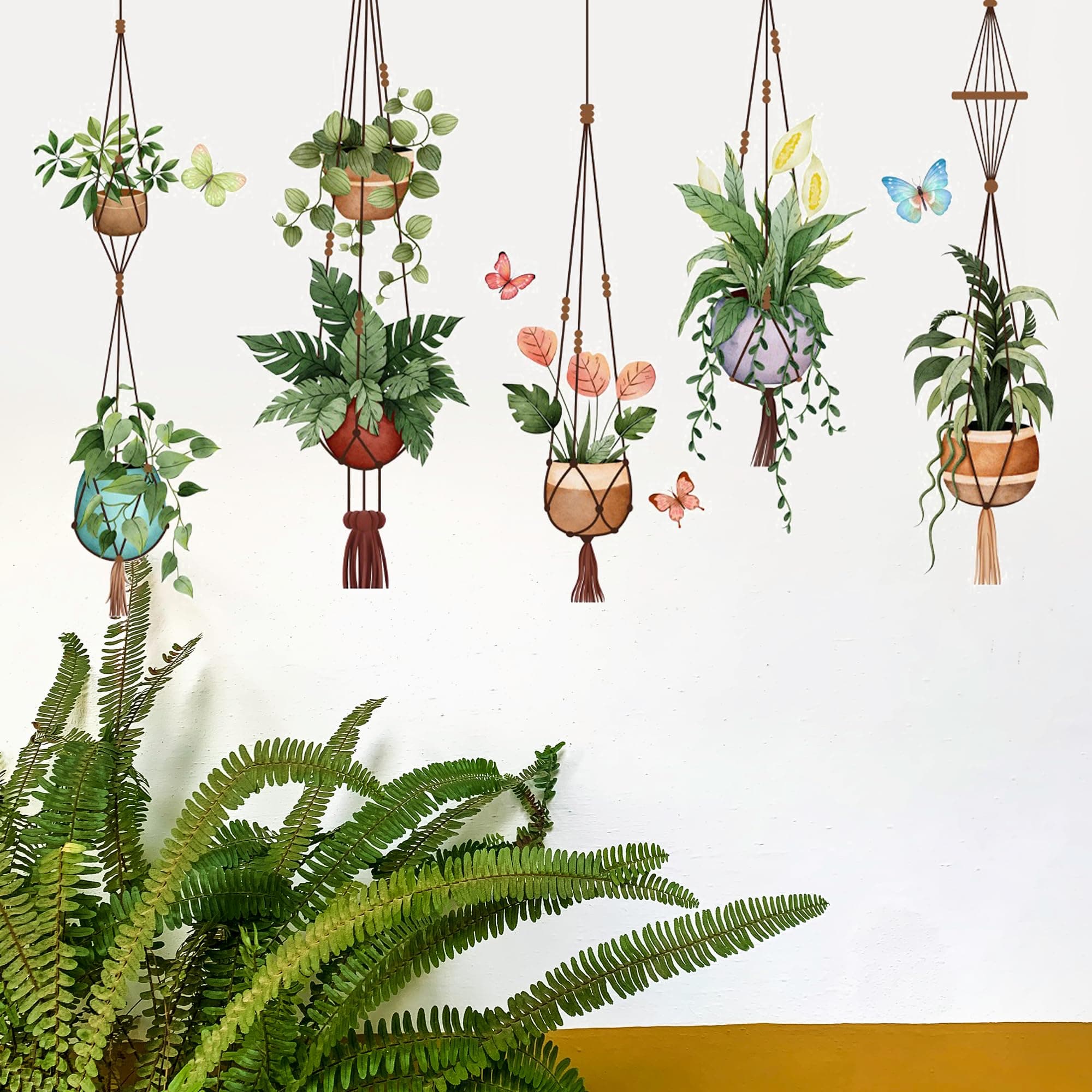 Green Hanging Potted Wall Stickers Plant Vine Wall Decals Peel and Stick Leaves Boho Wall Art Decor for Living Room Bedroom Office