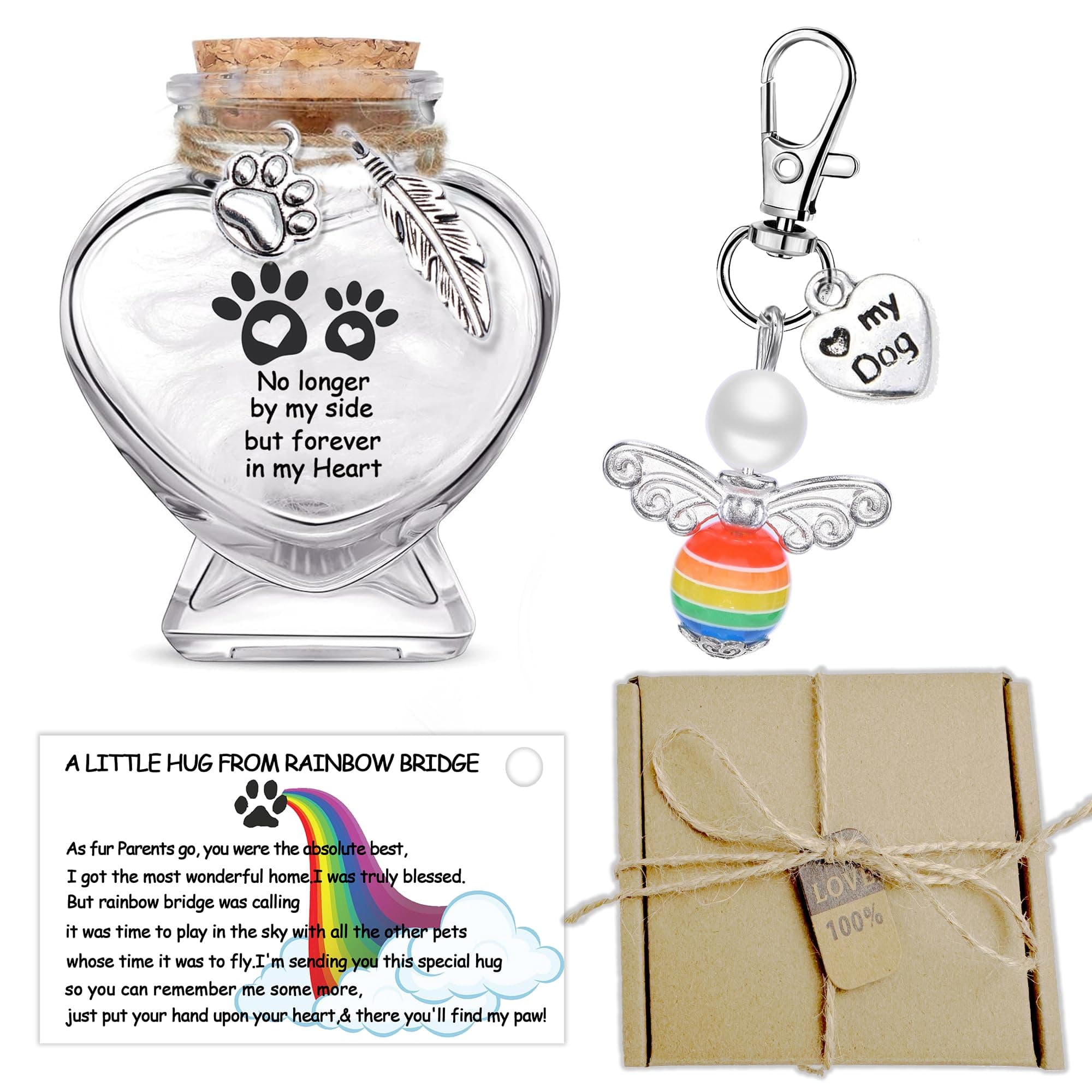 Memorial Bottle for Pet Hair Keepsake Box for Pet Memorial Gifts, Dog Memorial Keychain Gifts for Loss of Dog Bereavement Gifts Rainbow Bridge Poem Card for Loss of Dog Sympathy Gift, Pet Memorial Urn