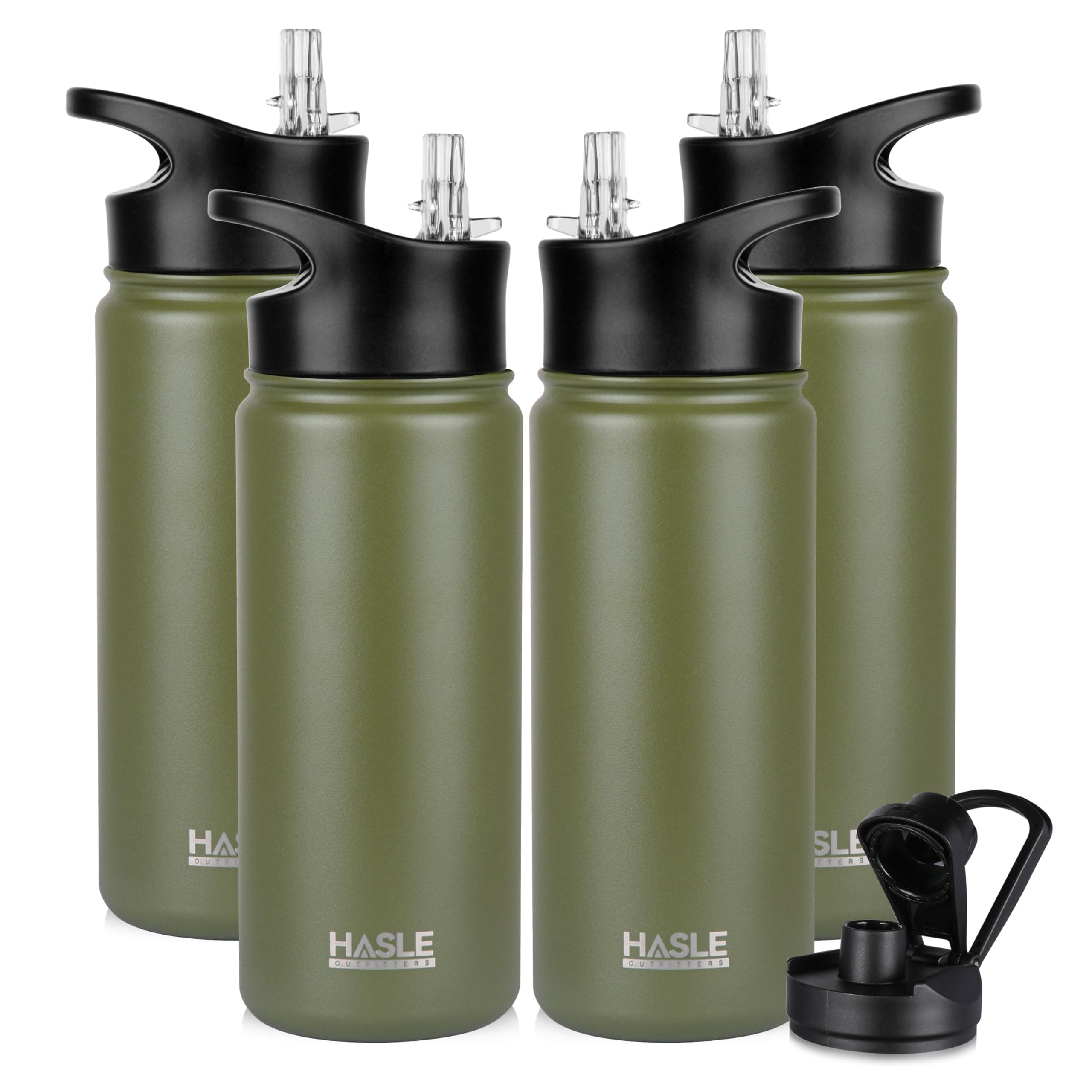 HASLE Outfitters Insulated Water Bottle 16 oz Double Wall Vacuum Stainless Steel Water Bottle Leak Proof for Wide Mouth with Straw Lid & Spout Lid Keeps Cold and Hot(Army Green,4pack)