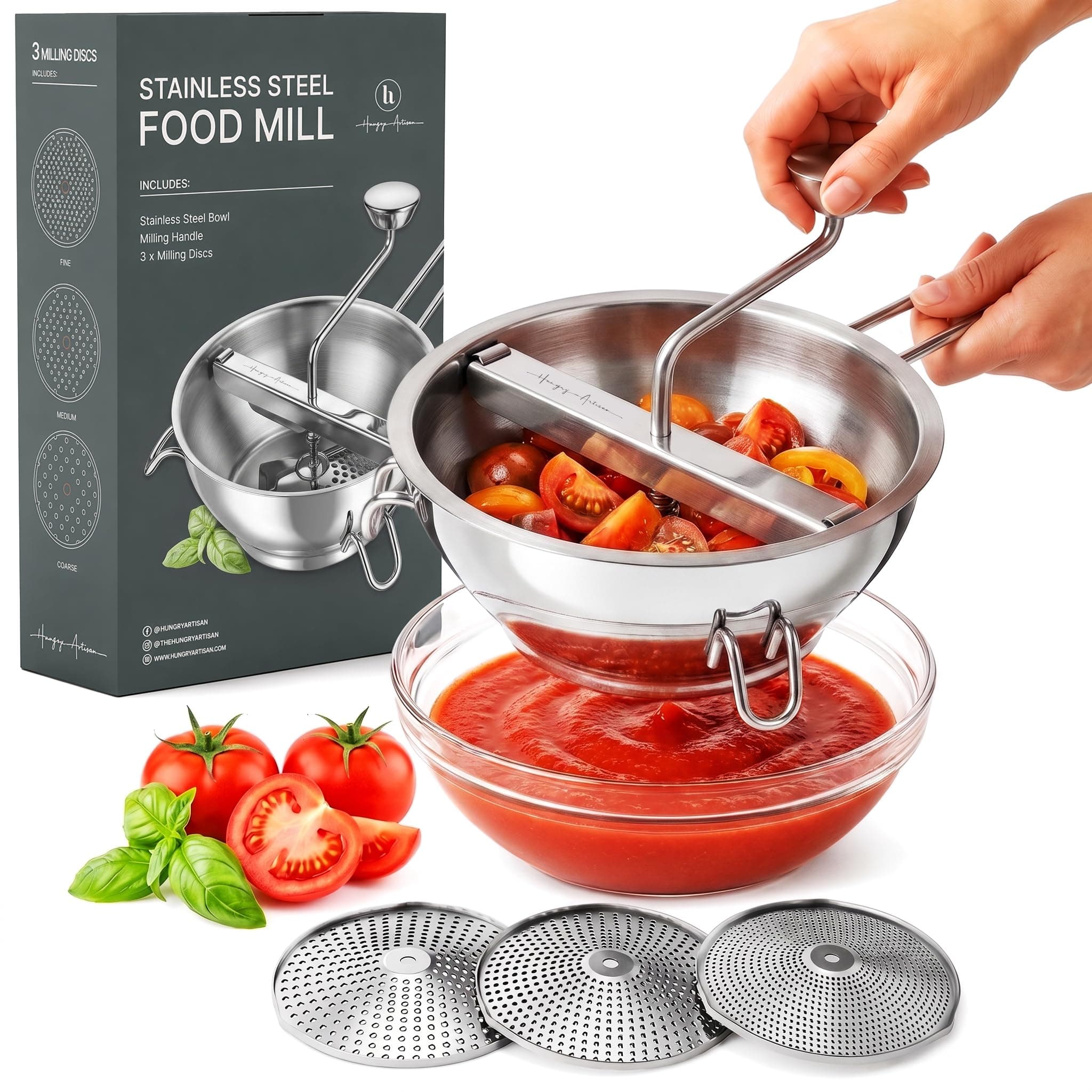 Ergonomic Food Mill Stainless Steel with 3 Grinding Milling Discs-Rotary Food Mill for Tomato Sauce, Applesauce, Puree, Mashed Potatoes, Jams, Baby Food
