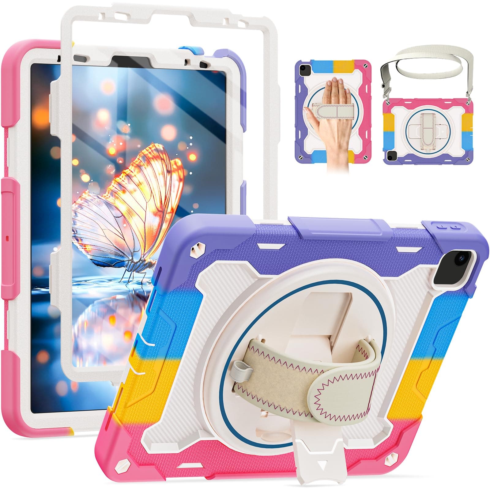 ROSROME for 2022 iPad Air 5th Generation / 4th Generation Case 10.9 inch and 2021 iPad Pro 11 inch Case 3rd /2nd /1st Gen with Screen Protector for Kids, 360 Rotating Stand Hand Strap Shoulder Strap