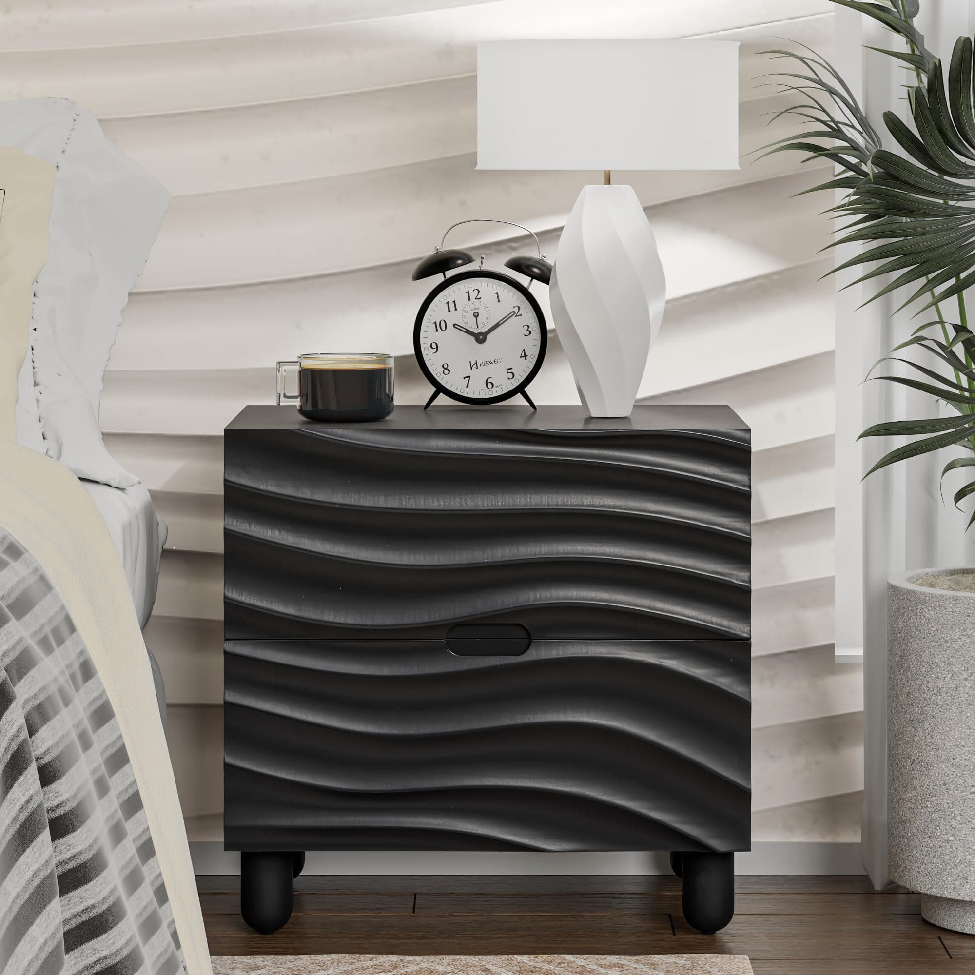 Aoikax Modern 2 Drawer Wood Nightstand with 3D Wave Drawer Fronts, Contemporary Bed Side Table with Groove Handle and Solid Pine Leg for Bedroom (Black)