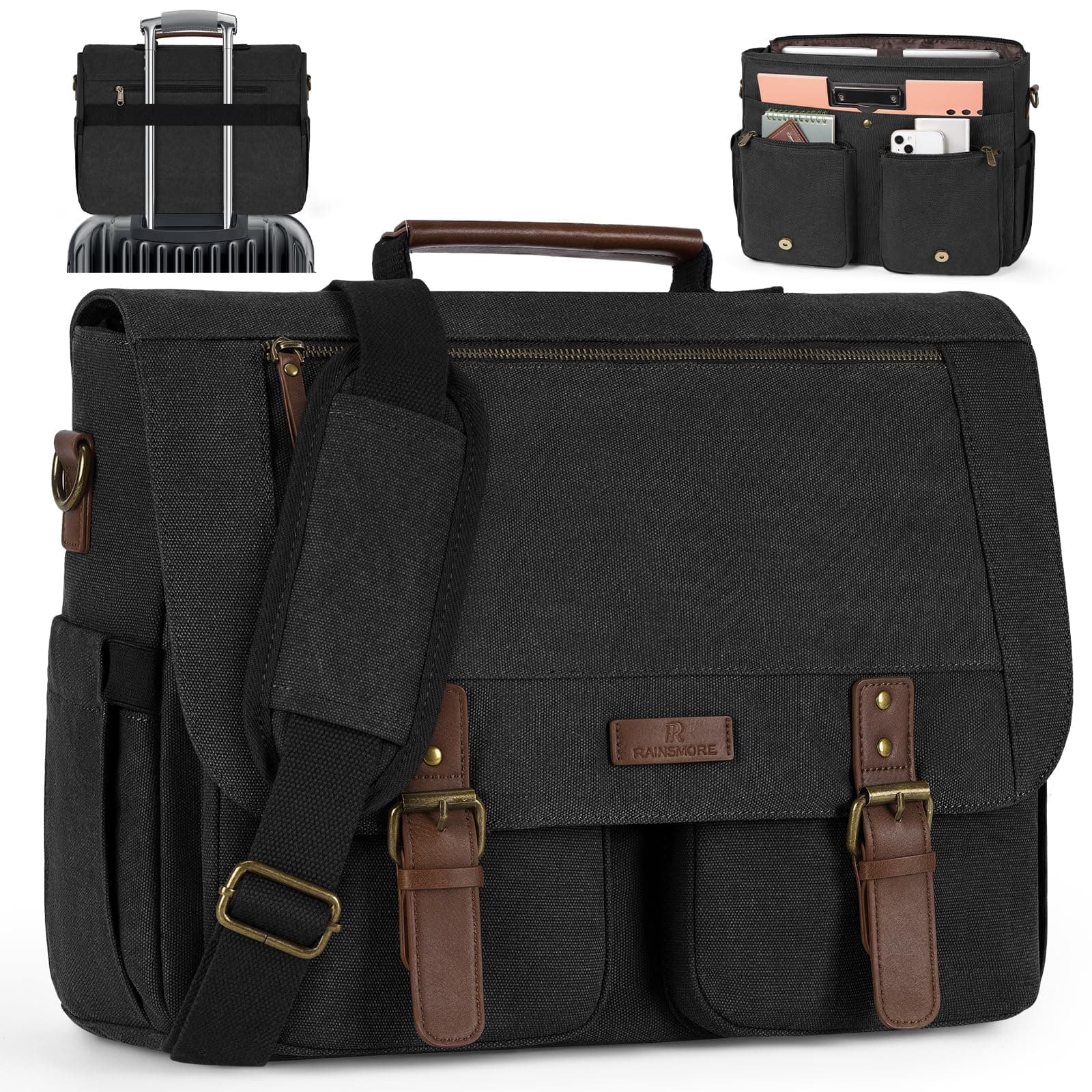 RAINSMORE Messenger Bag for Men 15.6-17.3 Inch Laptop Bag Water-resistant Canvas Briefcase Computer Satchel for Work College, Black, 15.6 inches