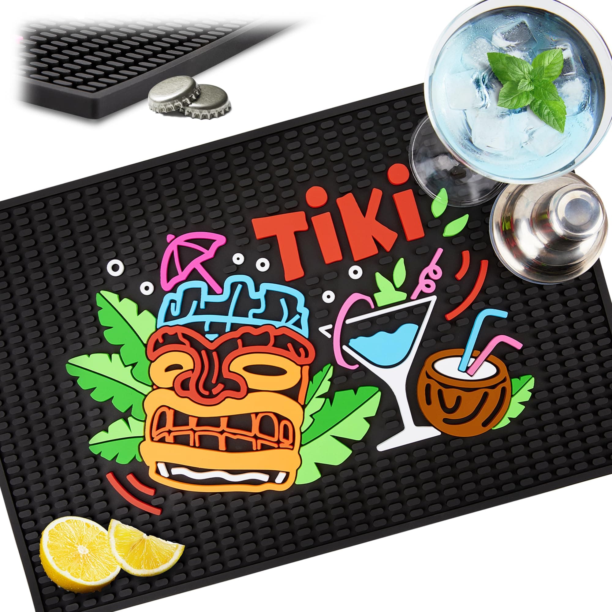 Ultra High Quality Tiki Bar Mat, 12 x 18 Inch Thick Rubber Bar Mat, Entertaining and Vibrant Home Bar Service Mat for Coffee Kitchen Restaurants (Tiki)