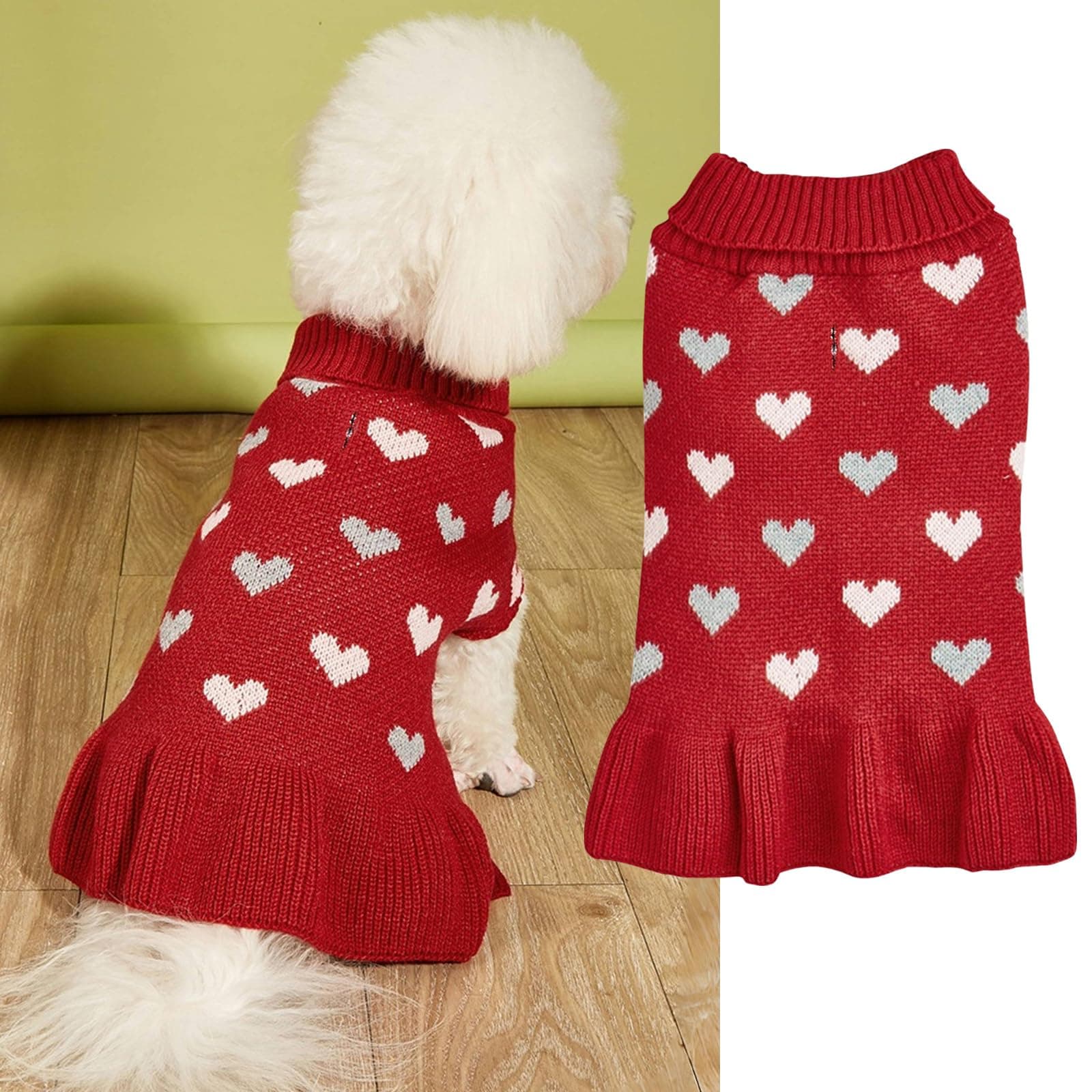 Yaopelky Small Dog Sweater Dress with Heart Pattern Valentine’s Day Puppy Sweaters Knitted Turtleneck Pet Outfits Warm Dog Clothes for Small Dogs Cats (Red, Small)