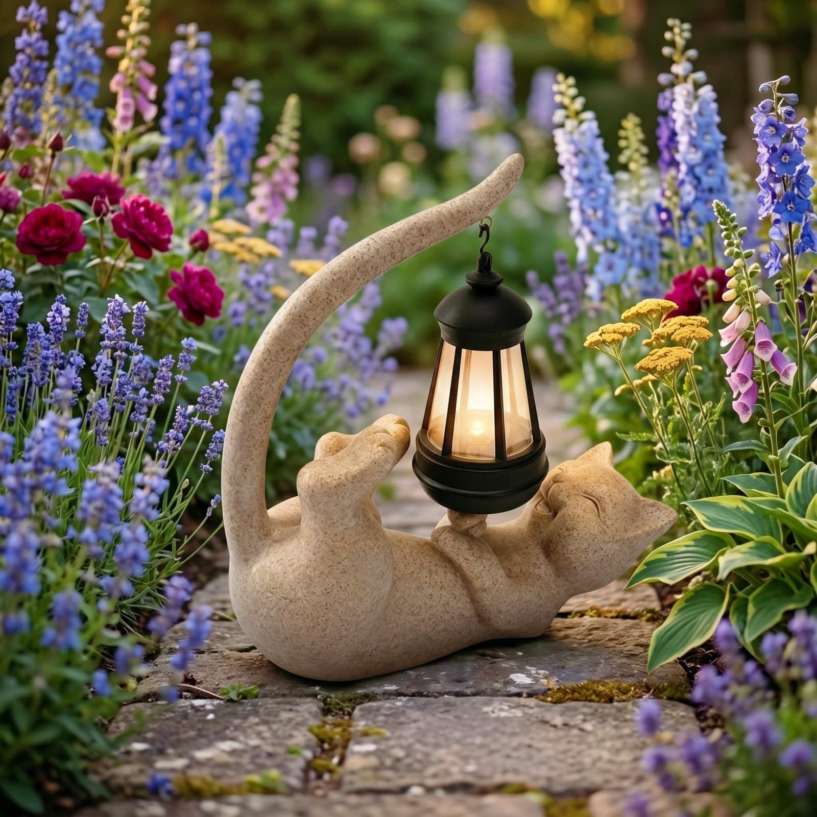 Solar Cat Statue with Lights IP44 Resin Figurine Lights for Garden Porch