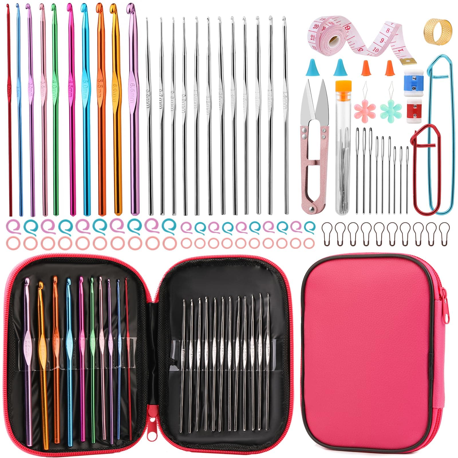 UzecPk 103 PCS Crochet Hooks Kit, Crochet Needles Set with Storage Bag, Aluminum Crochet Hooks with Stitch Markers and Large-Eye Blunt Needles for Experienced Crochet Hook Lovers