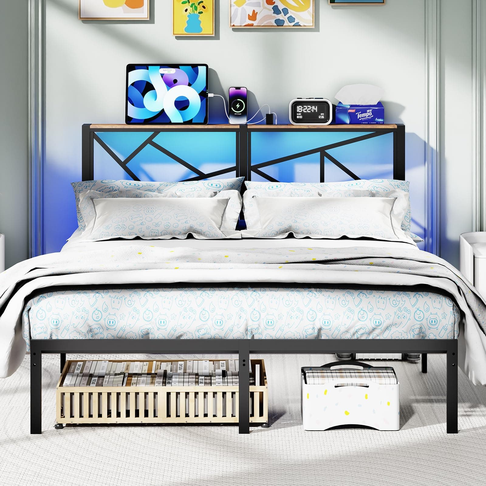 D&H FURNIMMT Full Bed Frame with Storage Headboard, Charging Station with USB, Type-C & AC Outlets, RGB LED Lights, Metal Platform Bed, 10.4" Underbed Storage, No Box Spring Needed, Noise Free, Black