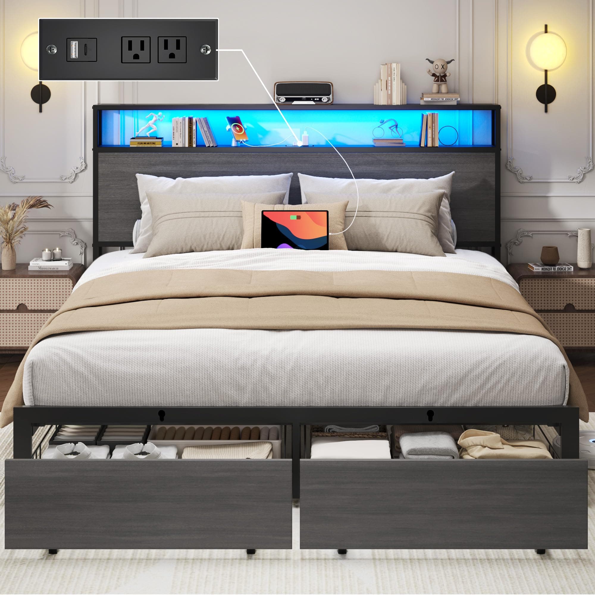 Queen Bed Frame with Charging Station, LED Lights, 2 Drawers, Rustic Grey