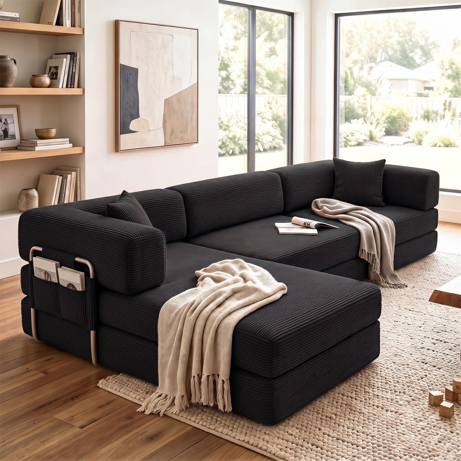 GEARIVY Convertible Sleeper Sofa Bed Corduroy Couch Bed 4-in-1 DIY Combination Modular Sofa Fold Out King Size Sleeper Floor Cama Lounge Couch for Living Room (Black, 270CM Sofa Bed)