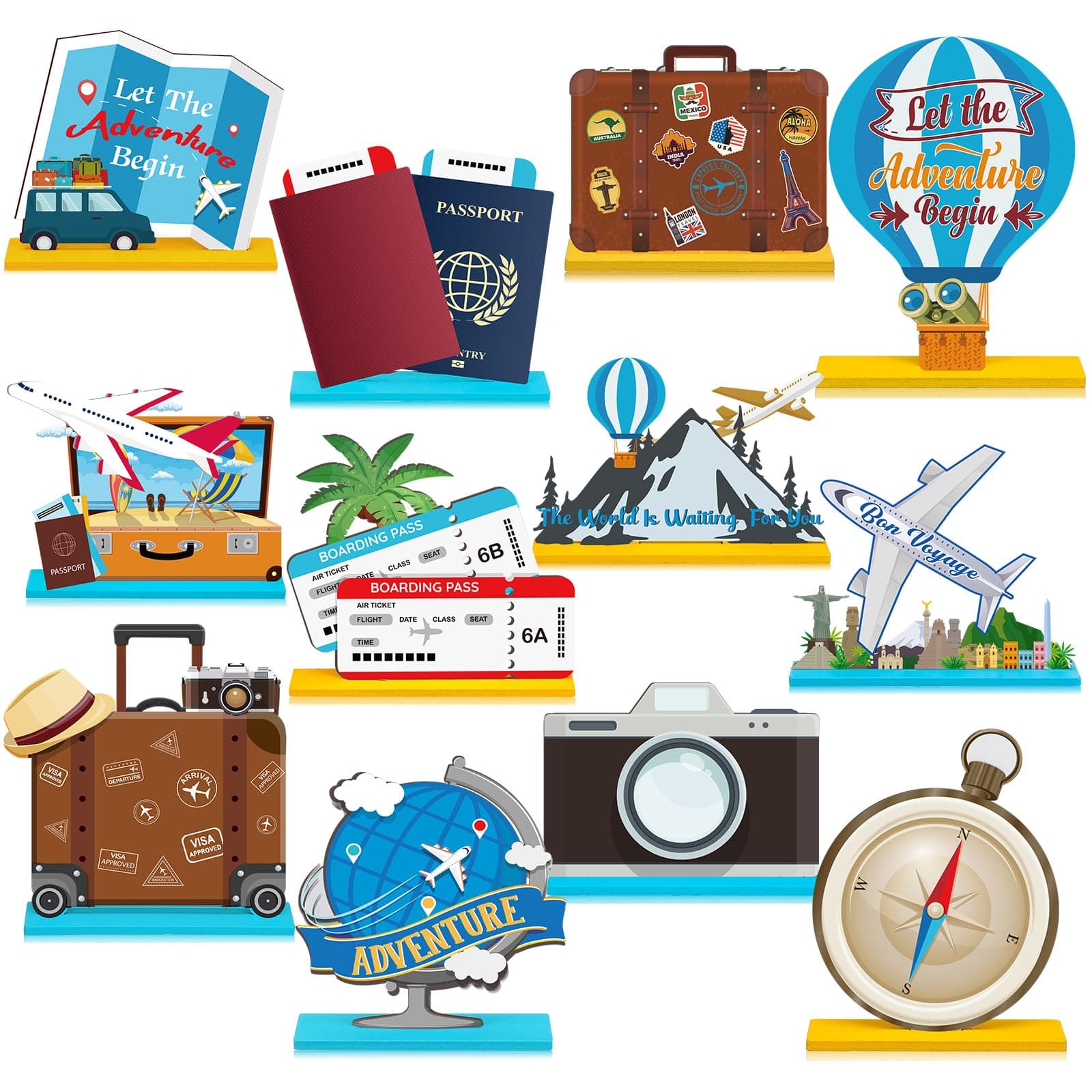 Marsui 12 Pcs Travel Themed Wooden Centerpieces Table Toppers Adventure Awaits Party Decor Travel Around The World Bon Voyage Table Decor Photo Props for Let The Adventure Begin Going Away Party