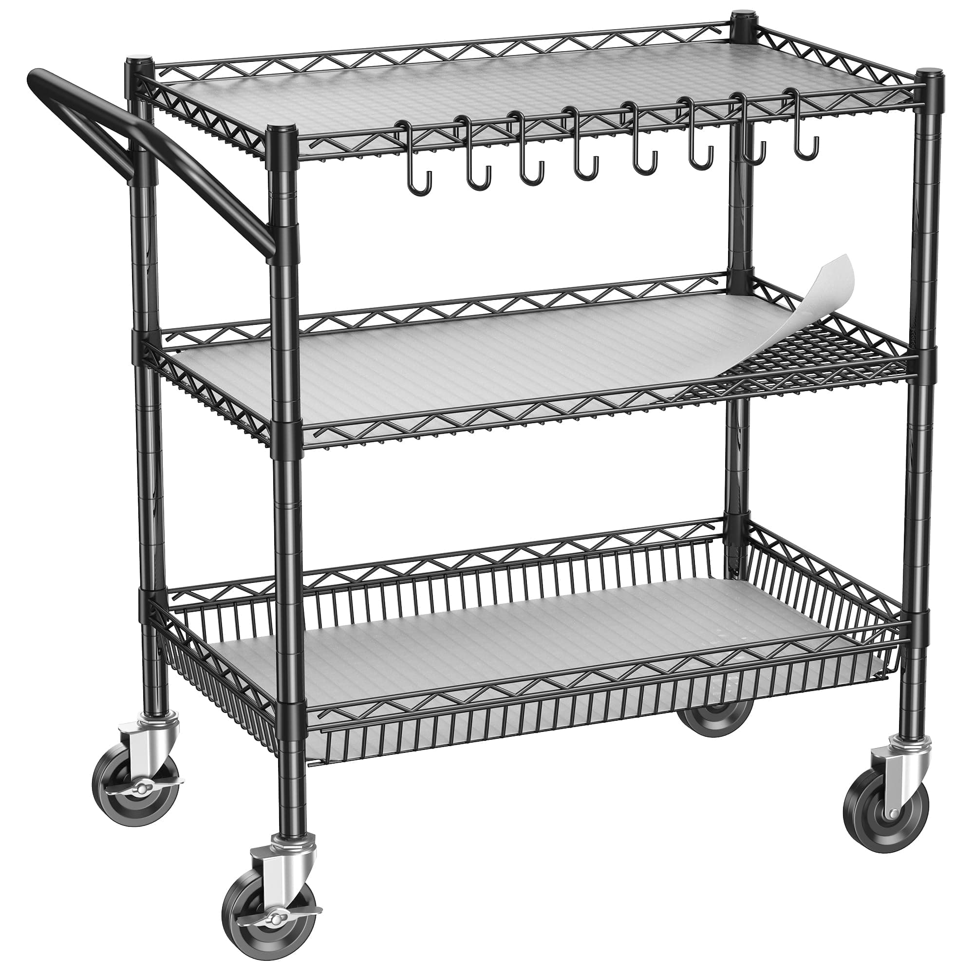 3 Tier Utility Cart with Wheels (Black, 18D x 36W x 33H)