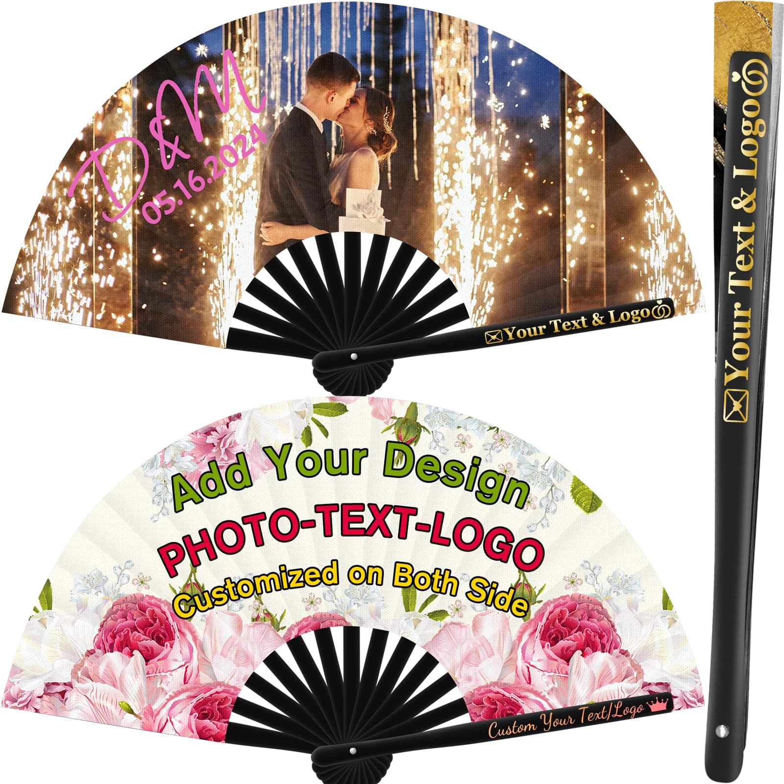 SeeWeLove Decorative Folding Fans Personalized Fans Custom Fan Handheld Customized with Picture Text, Abanicos De Mano Personalizados, Gift for Wedding Dancing Concert Saloon Cosplay Party Rave, 10 "