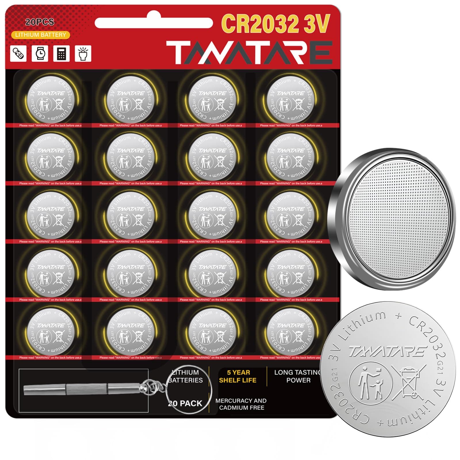 Tanatare 20 Pack CR2032 Batteries, 3V Lithium Button Coin Cell with 3-in-1 Mini Screwdriver for Electronic Devices, 5 Year Shelf Life