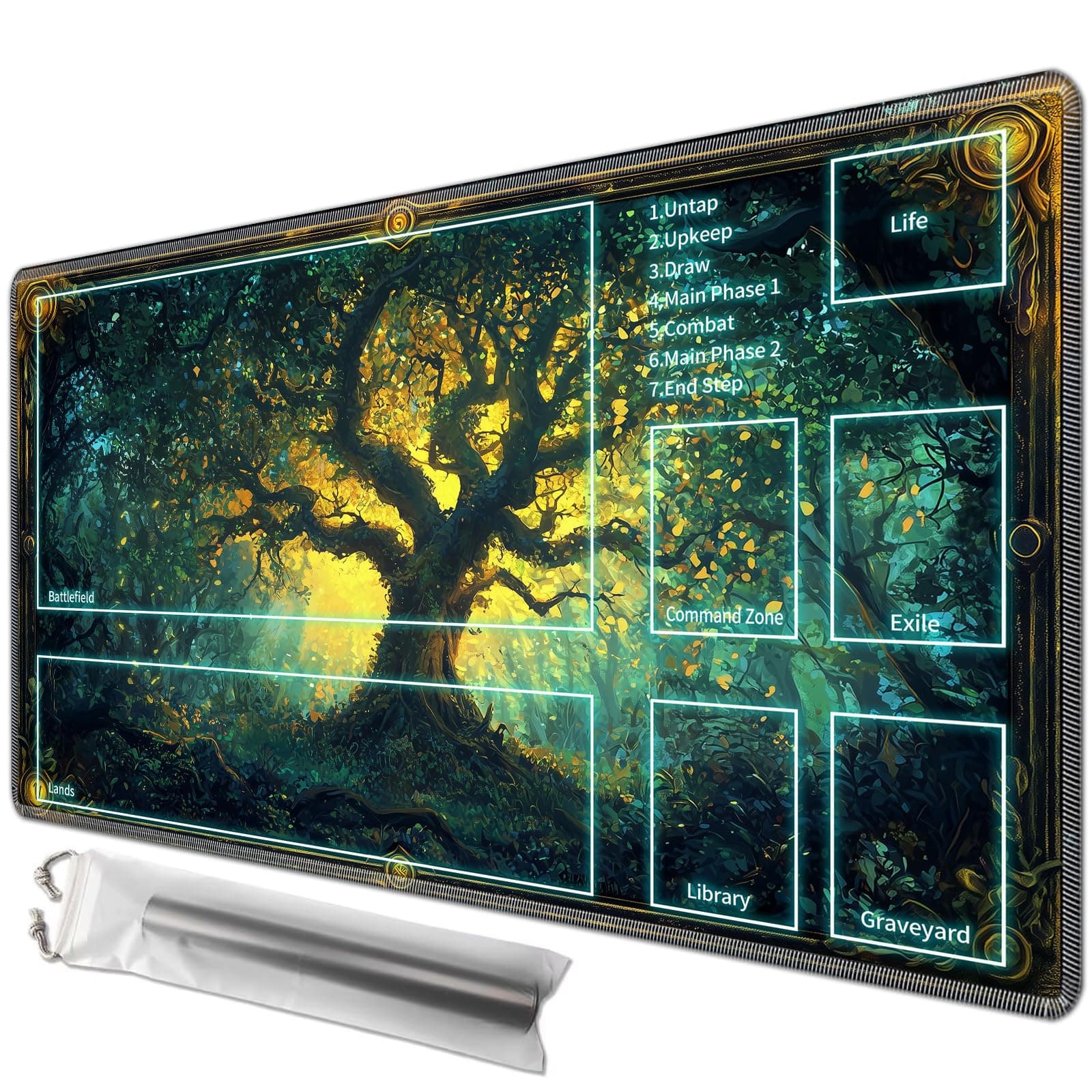 JANENFNA Playmat 27.5" x 15.7" with Magic Zones for MTG Card Game Playing, Board Game Mat for Card Breaking Commander Deck Gaming Card Game Battles Mat with Storage Bags, Green Magic Forest