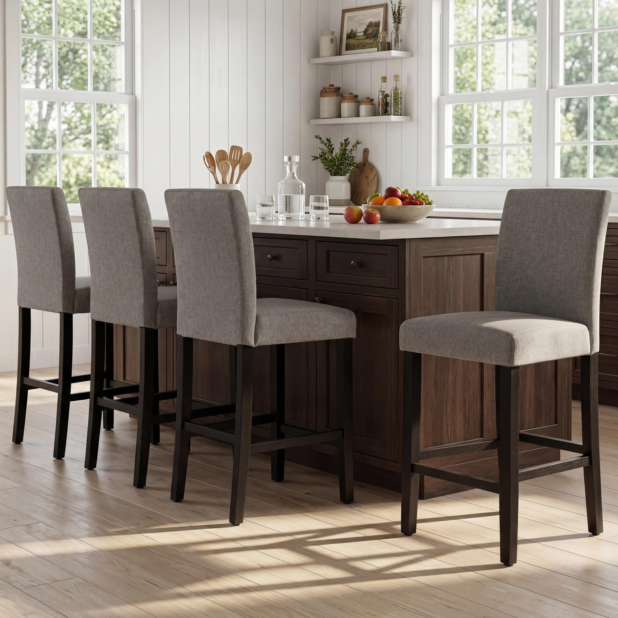 GOTMINSI Counter Height Bar Stool, Classic Upholstered 24 Inches Counter Height Stools Set of 4 barstools with Solid Wood Legs and Grey Fabric