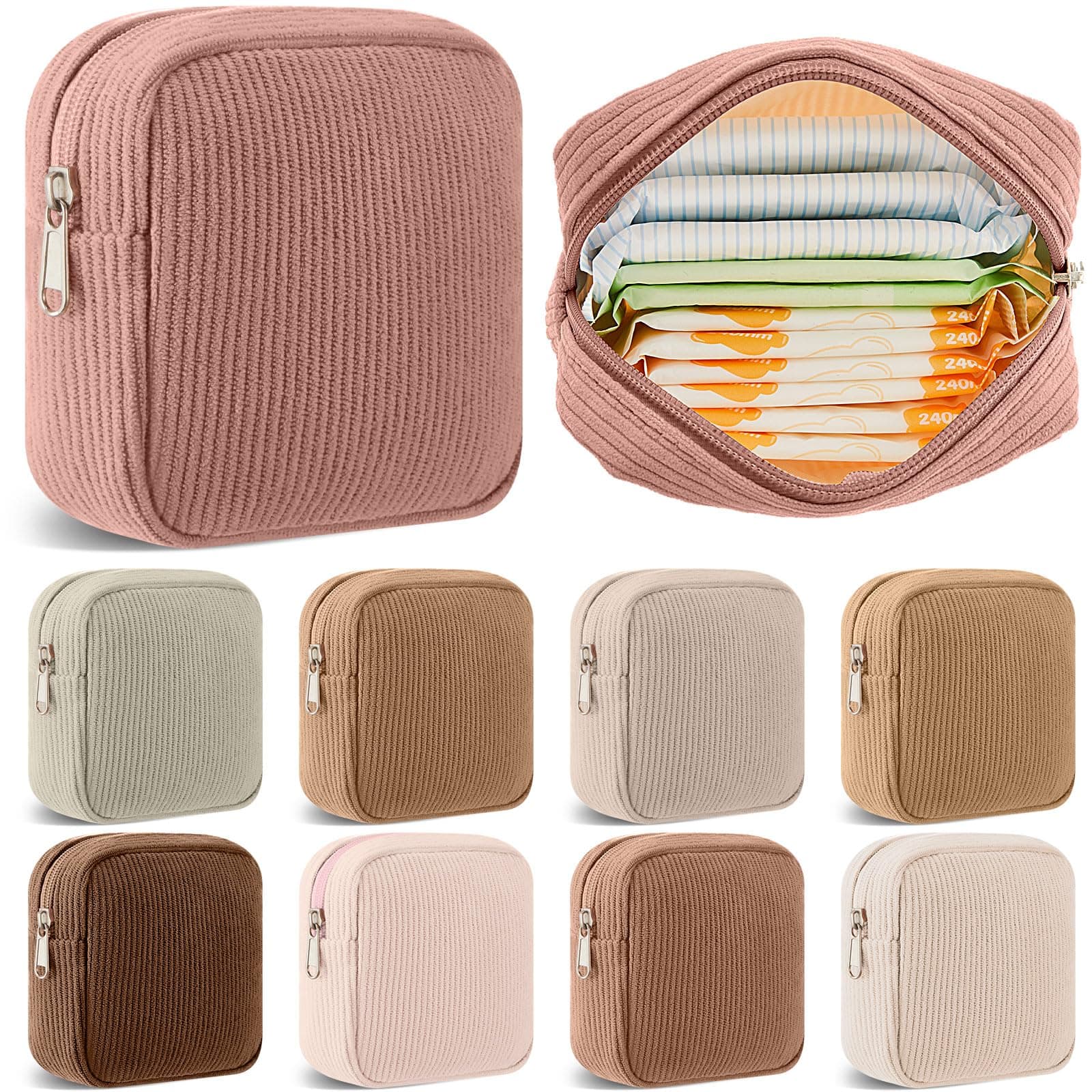Dansydaisy 9 Pcs Small Makeup Bag Mini Corduroy Cosmetic Bag for Purse Sanitary Napkin Storage Pouch Preppy Wallet Set for Women Portable First Period Pouch with Zipper for Travelling(Beige Color)