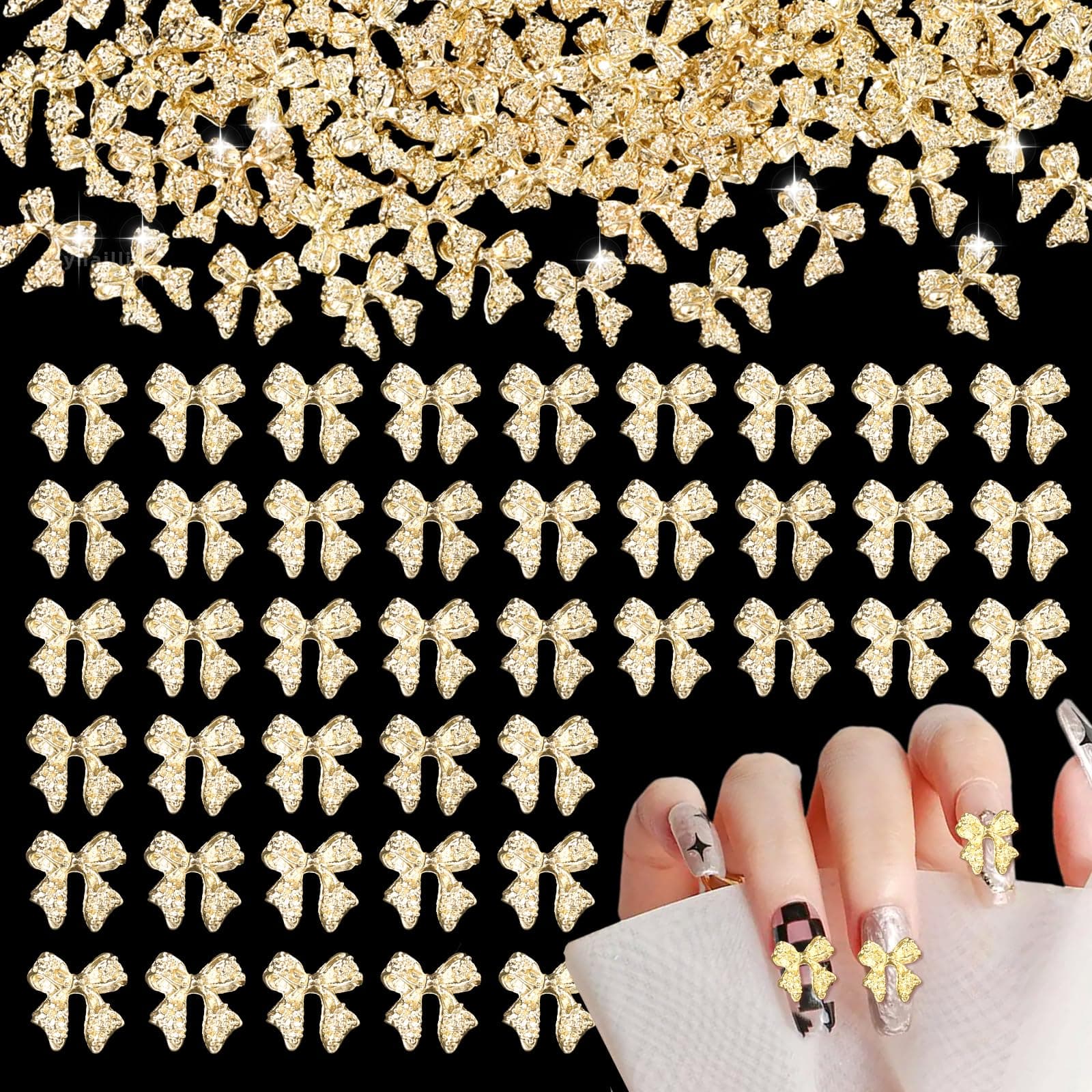 Cynailli 80 Pcs Gold 3D Bow Metal Nail Charm, Luxury Shiny Bows Nail Jewelry Charms for Alloy Nails, DIY Crafts