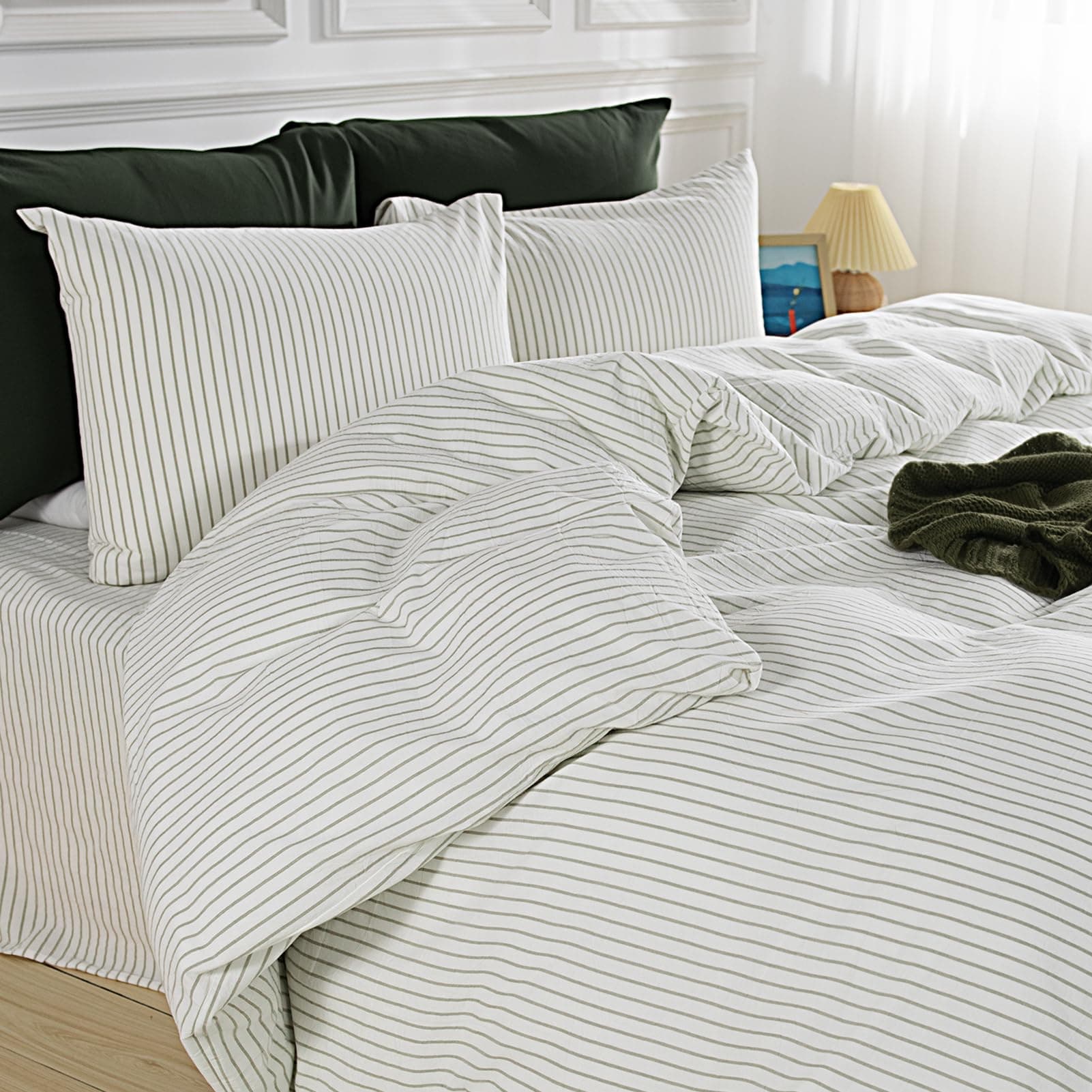 NEXHOME PRO Striped Duvet Cover King Size,100% Washed Cotton Bedding Set,Textured Linen Feel,Breathable,Organic,3 Piece(Green Stripes 104x90)