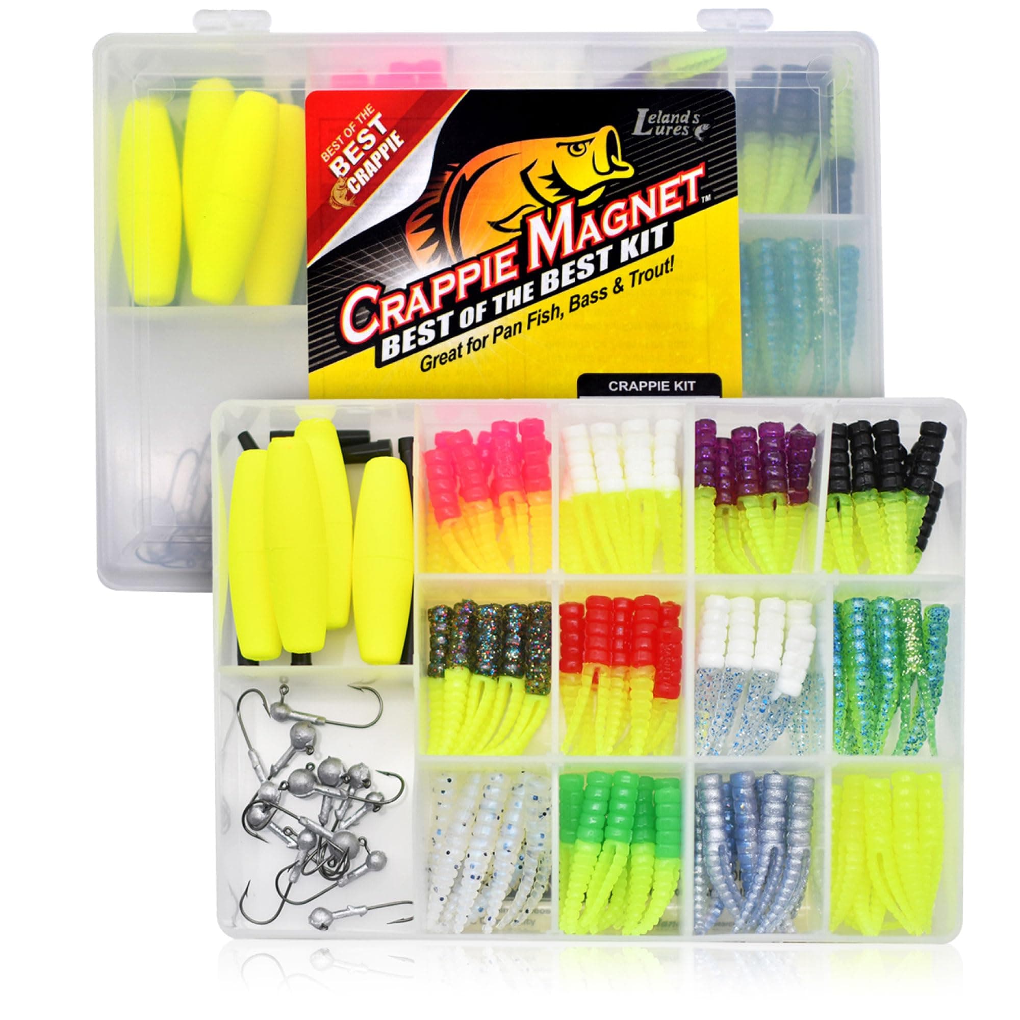 Leland's Lures Crappie Magnet Best of The Best Kit, Fishing Equipment and Accessories, Fishing Lures, 96 Bodies, 15 Double Cross Jig Heads, 4 E-Z Floats