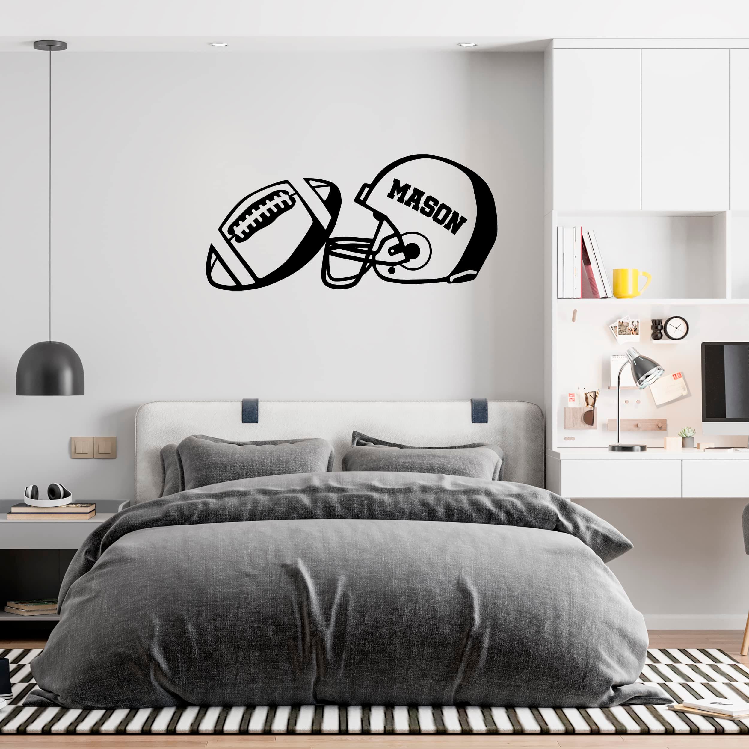 Customize Boys Namel On Kids Wall Decal with American Football Helmet and Ball - American Football Design On Boy Named Wall Sticker - Sport Custom Name Decal for Boy