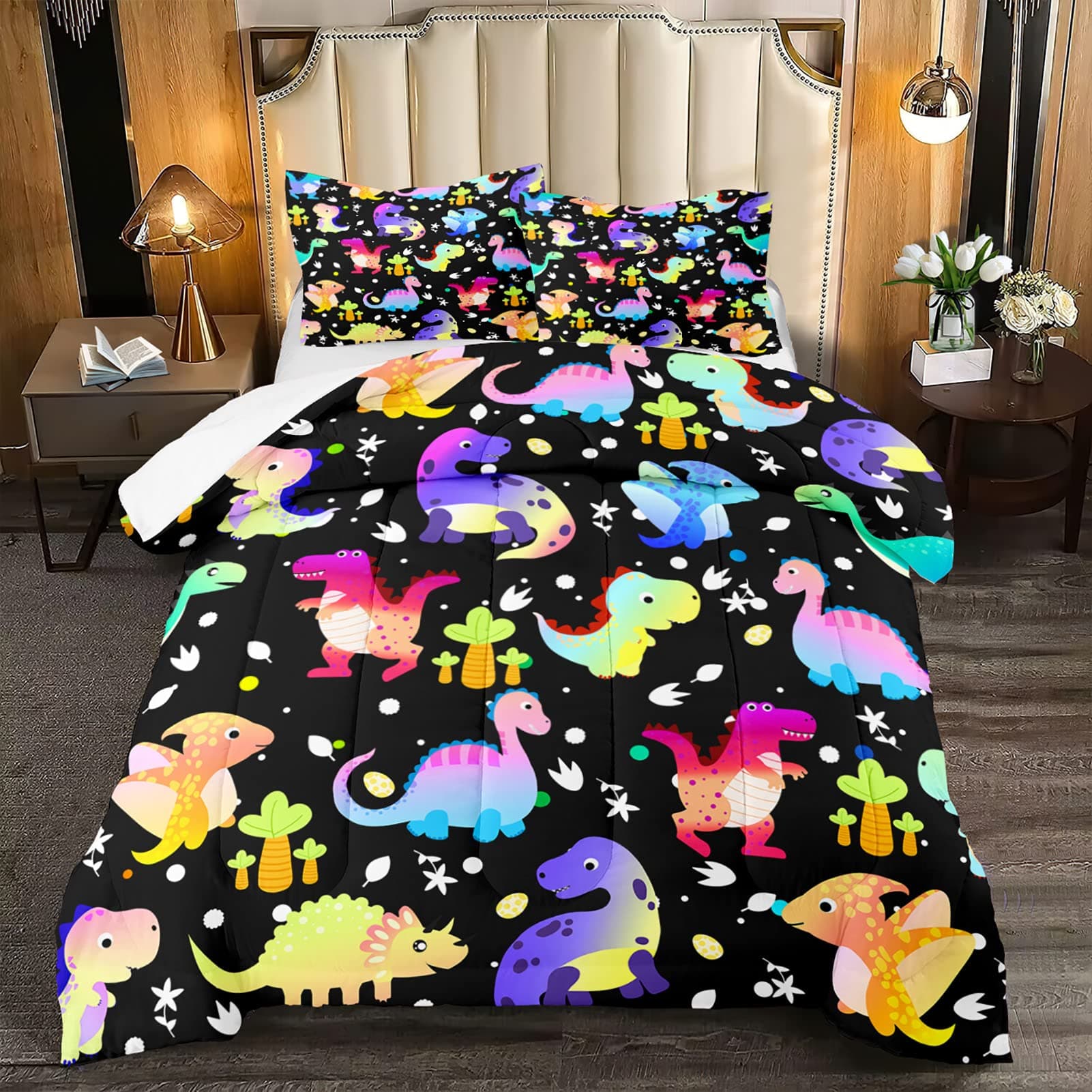 FJKJHKGJ Cartoon Dinosaur Comforter Set for Boys Colorful Gradient Dinos Bedding Sets Queen Size Cute Dinosaurs Prints Comforter Set Soft Microfiber 3Pcs Bed Sets with 2 Pillowcases