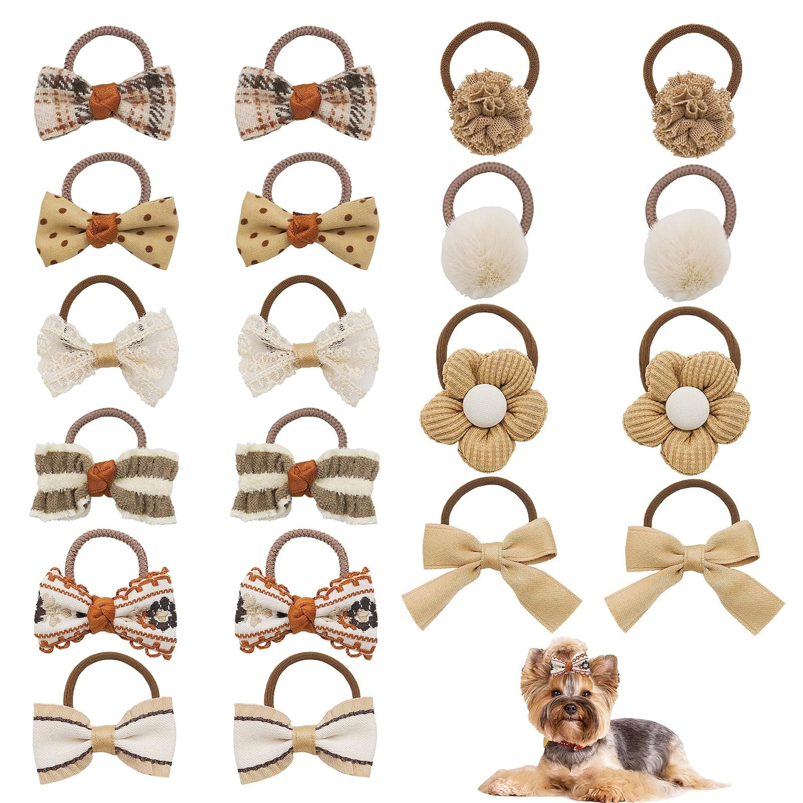 YUYUDEHM 20 Pcs Small Dog Hair Bows with Rubber Bands, Cute Puppy Dog Bowknot Flower Ball, Hair Accessories for Small Dogs (Coffee)