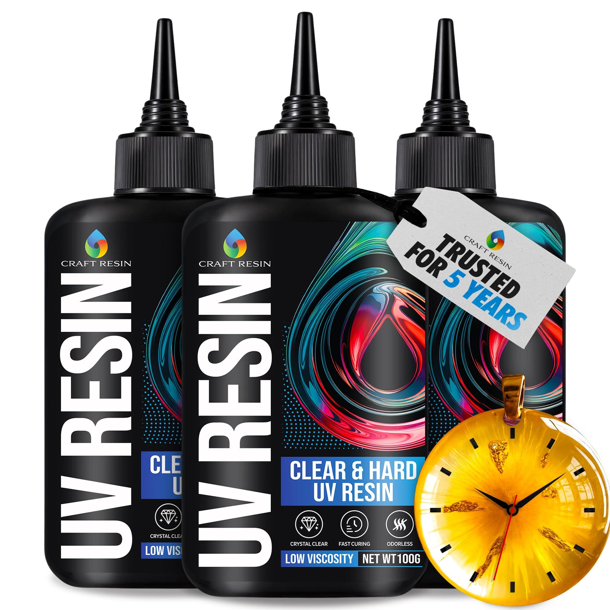 CRAFT RESIN 300g UV Resin Kit Hard Type Low Viscosity – Crystal Clear and No-Yellowing UV Resin Glue for DIY, Jewelry Making, Molds Casting and Polymer Clay Projects - Fast Cure under UV Light