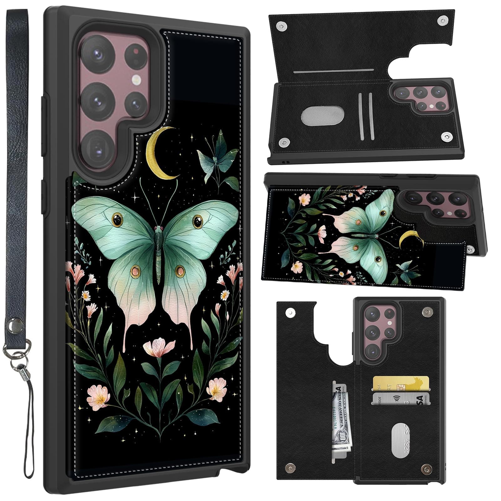 LYHXLYJH for Samsung Galaxy S22 Ultra 5G Wallet Case with Card Holder & Wrist Strap,Kickstand Magnetic Clasp Back Flip Folio Leather Phone Case-Green Butterfly Moon