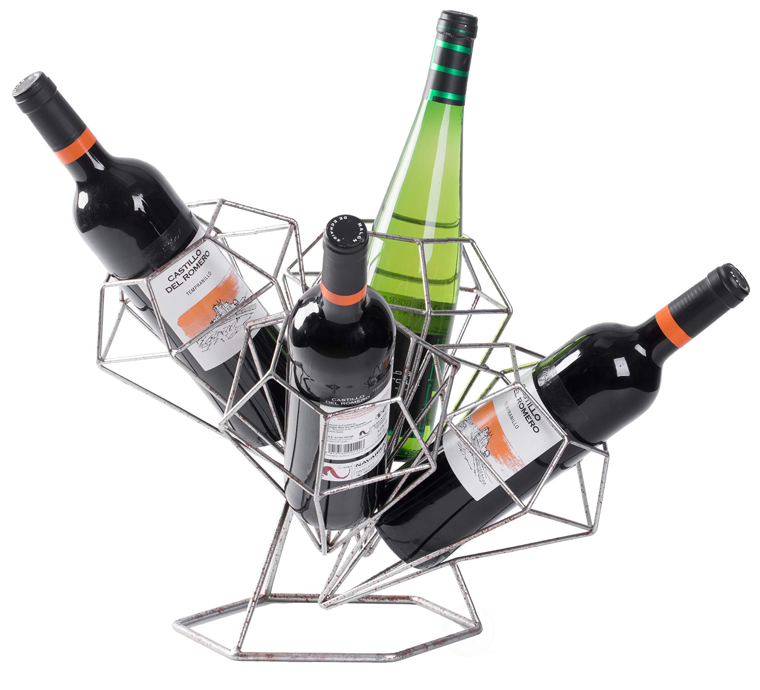 Vintiquewise Countertop Wine 4 Bottle Holder Vintage Decorative Metal Diamond Shaped Tabletop, Silver