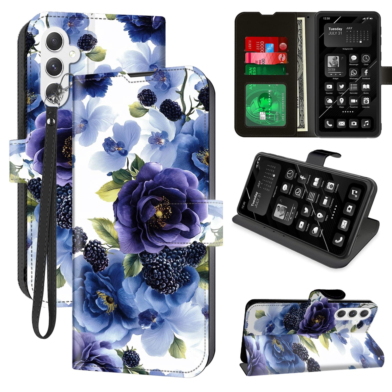 for Samsung Galaxy S25 FE Wallet Case with RFID Blocking, 4 Card Holders, Kickstand, Wrist Strap – Magnetic PU Leather Flip Phone Case Protective Cover for Women & Men，Blue and Purple Flowers