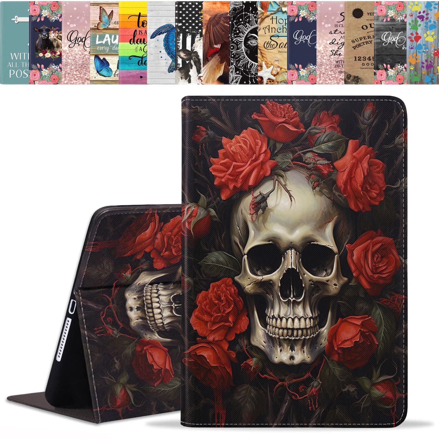 ERWYTYIOI Case for iPad (A16) 11th Generation 11 Inch 2025, iPad 10th Generation 10.9 Inch 2022, Slim PU Leather Folio Smart Cover with Stand & Auto Wake/Sleep, Skull Roses