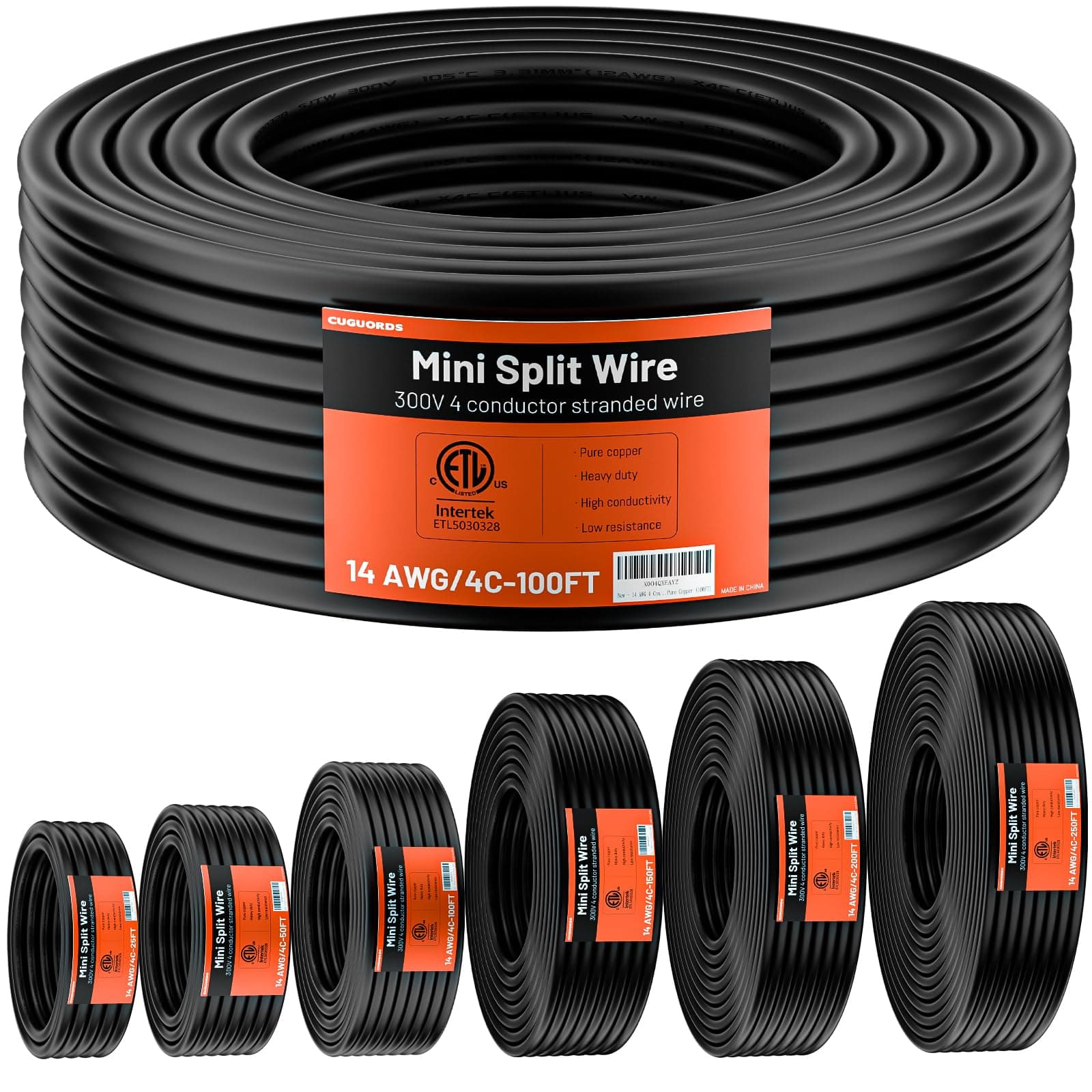 100% Pure Copper ETL Listed 14-4 Mini Split Cable | 14/4 Mini Split Communication Wire 100ft 300V Indoor/Outdoor for HVAC, Air Conditioner, Heat Pump & Speaker Systems