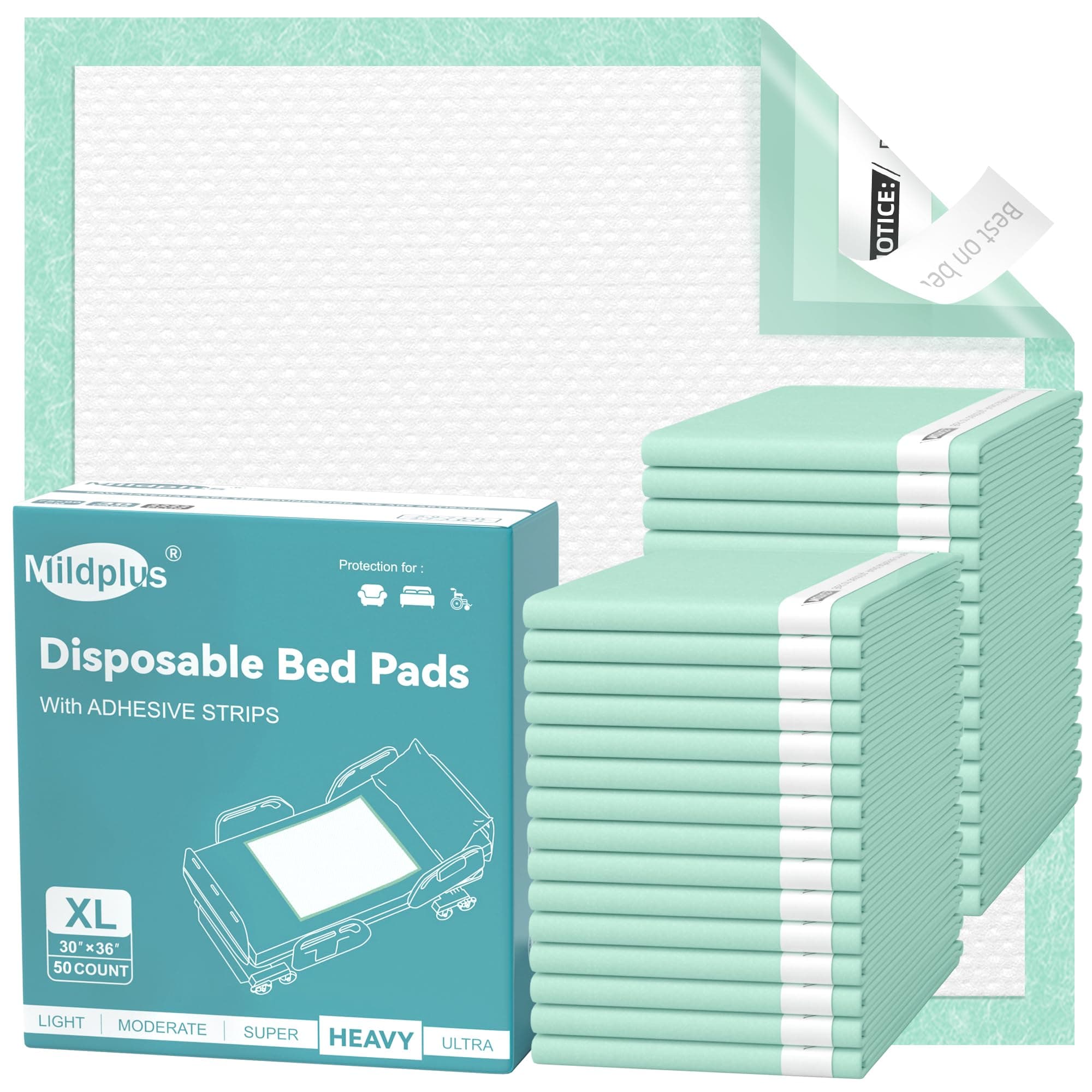 MILDPLUS Disposable Bed Pads with Adhesive Strip 30" x 36" (50 Count), Super Absorbent Incontinence Underpads for Adult, Ultra Thick Leakproof Extra Pee Pads, Pet Training Pad