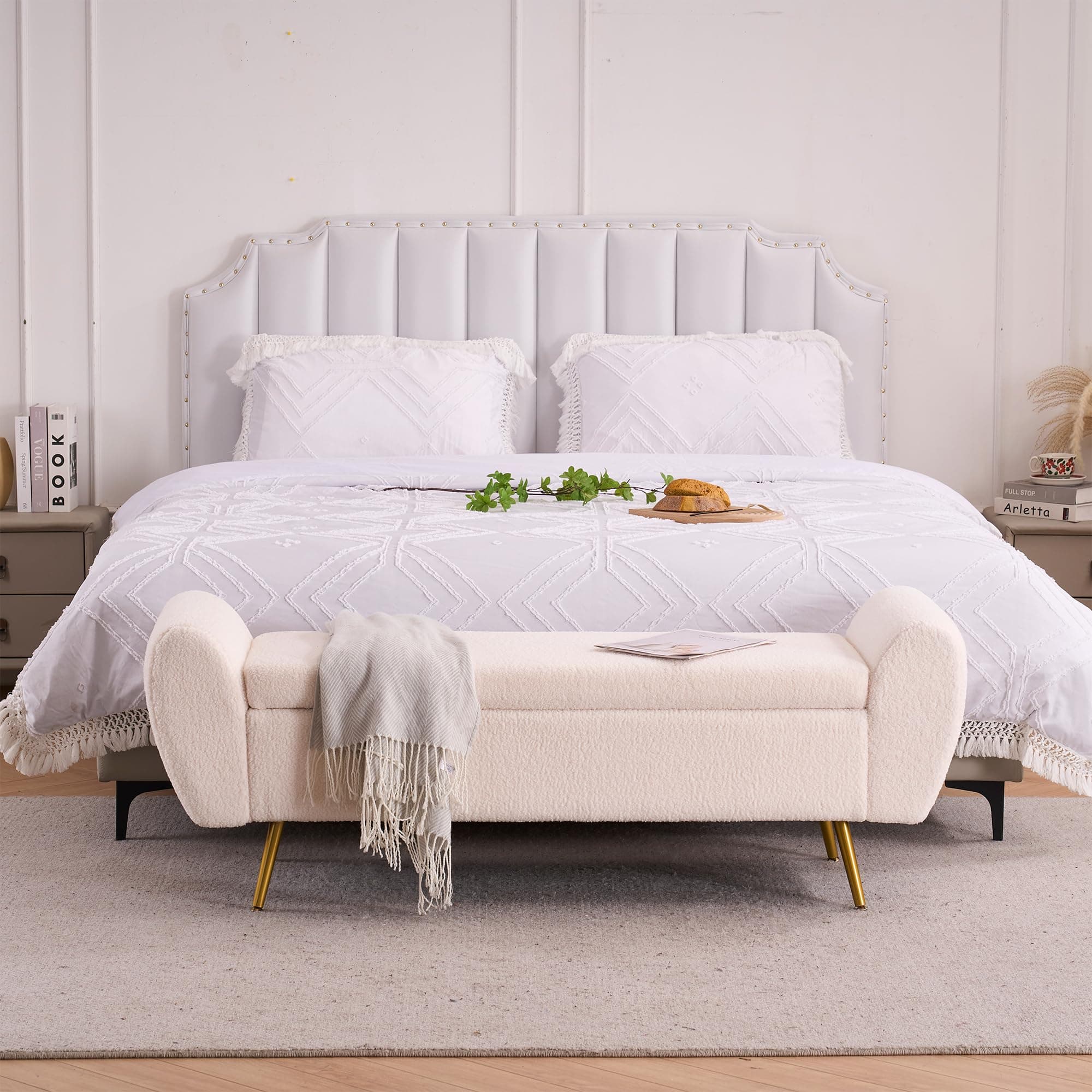 AIITTCC Storage Bench for Bedroom, 55" Extra Long Bench for King Size Bed, Modern Upholstered End of Bed Ottoman Bench with Arms for Entryway Living Room (Teddy, Ivory White)