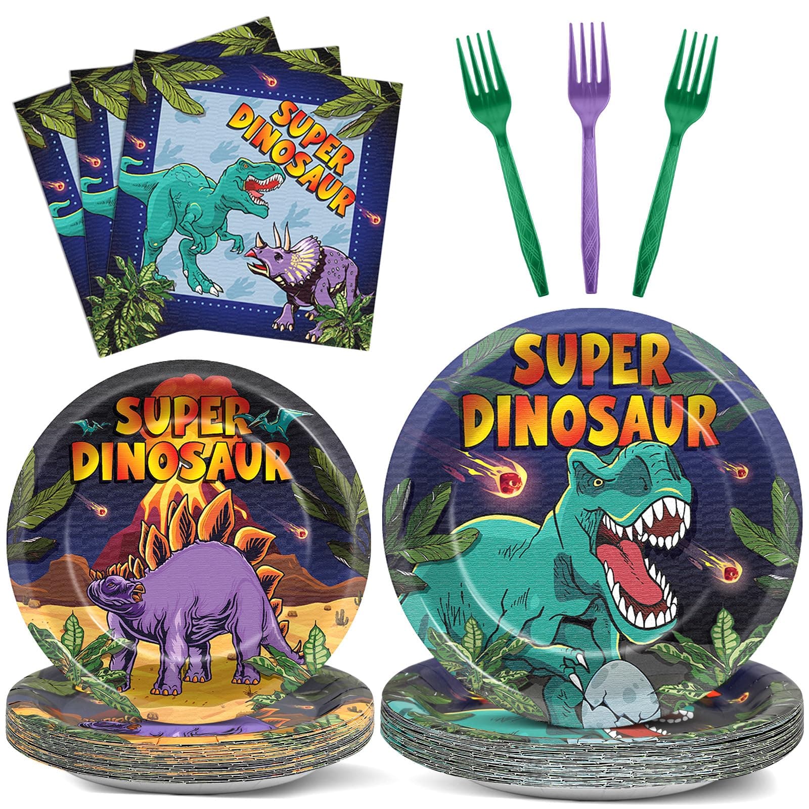 96 Pcs Super Dinosaur Plates and Napkins for Dinosaur Birthday Party Supplies Dino Movie Theme Paper Dessert Plates and Napkins Jungle Dino Tableware Set for Kids Boys 24 Guests Party Decorations