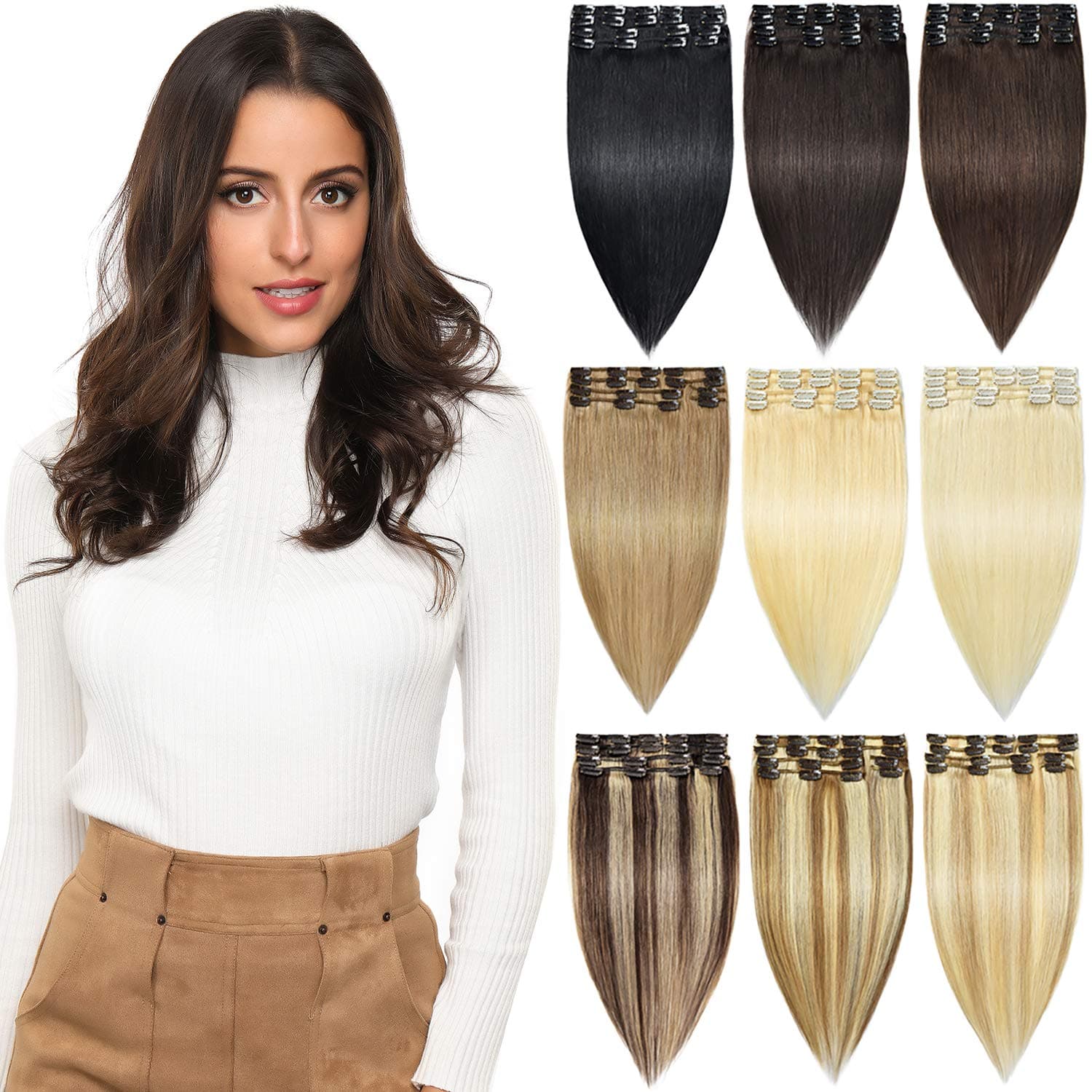 Rose bud Human Hair Extensions Clip in Real Hair 8Pcs 18 Clips Standard Jet Black 14 Inch Remy Clip in Hair Extension Human Hair